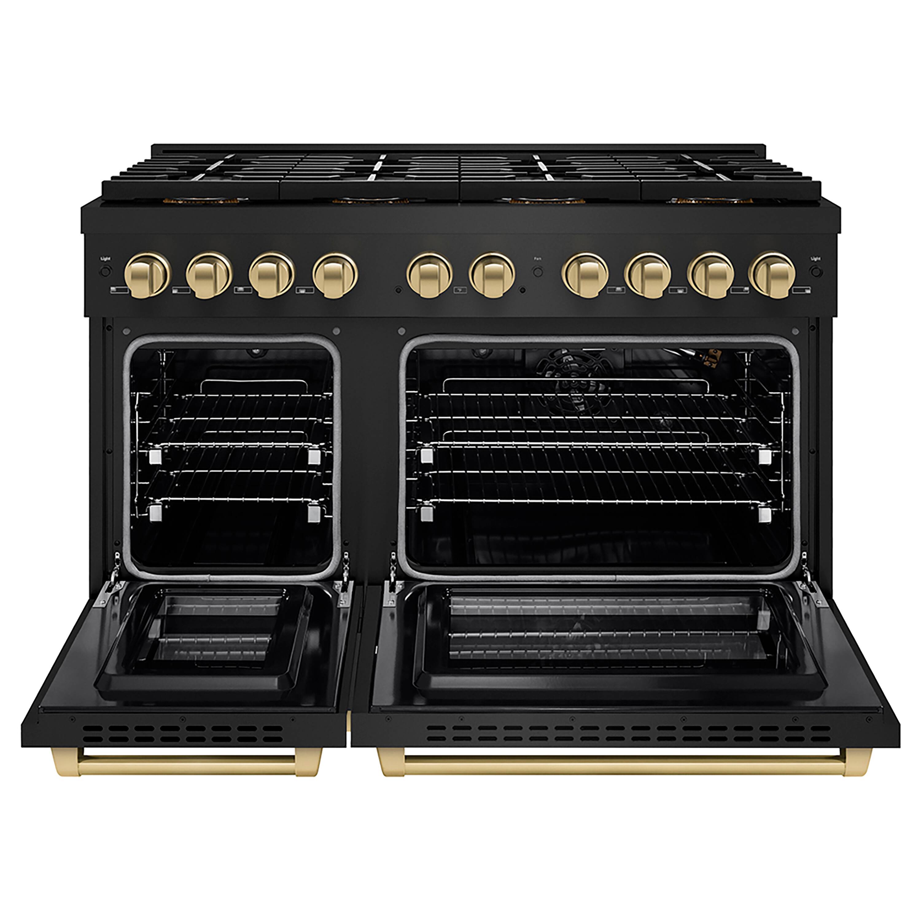 Angle. ZLINE - ZLINE Autograph 48 in. Black Stainless Paramount Gas Range with 8 DuoPro Burners & Bronze Accents (PSGRBZ-48-CB) - Black Stainless Steel.