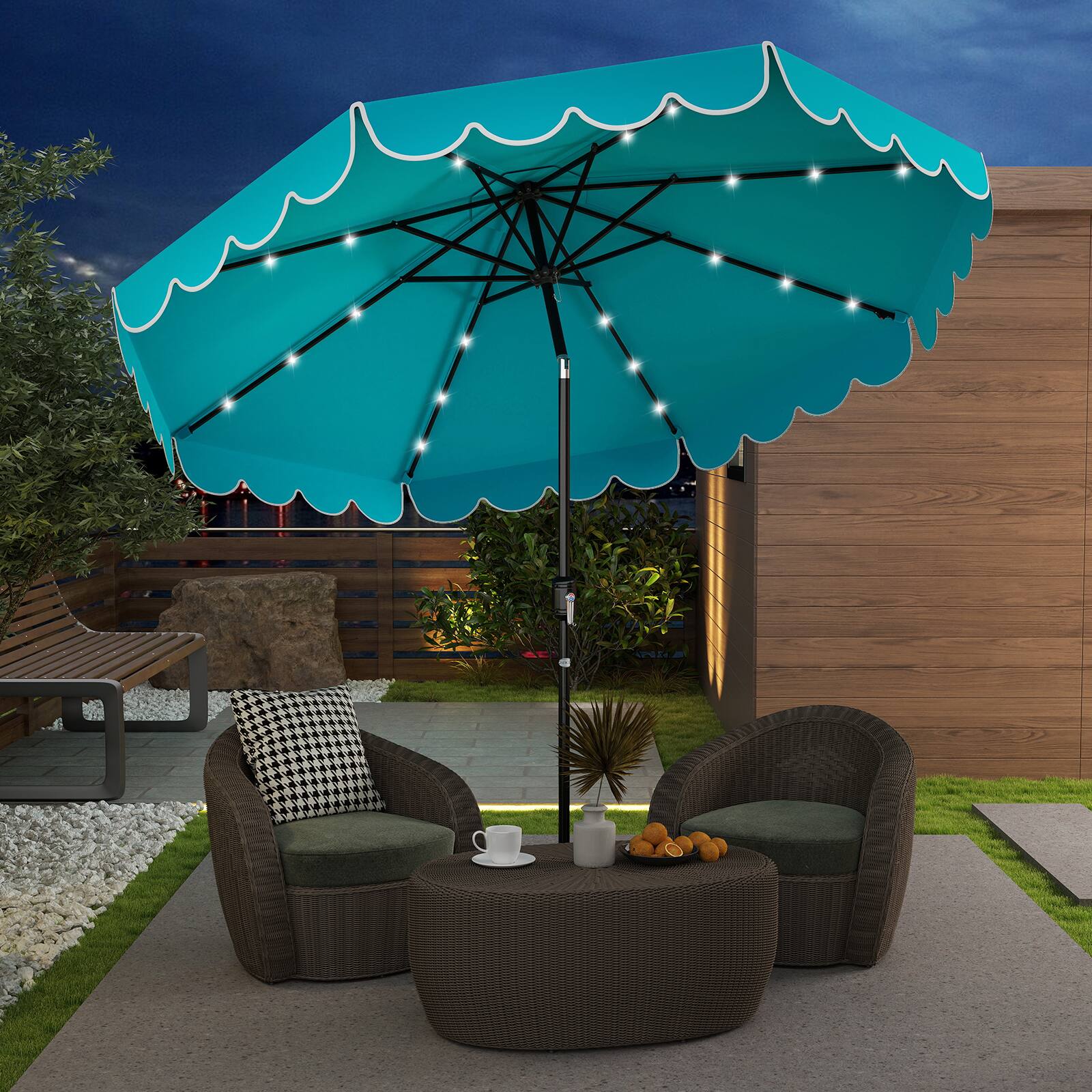 Alt View 4. Gymax - Gymax 9.3 FT Solar Patio Umbrella w/ 32 LED Lights & Vented Top & Ruffles Beige Turquoise - Turquoise.