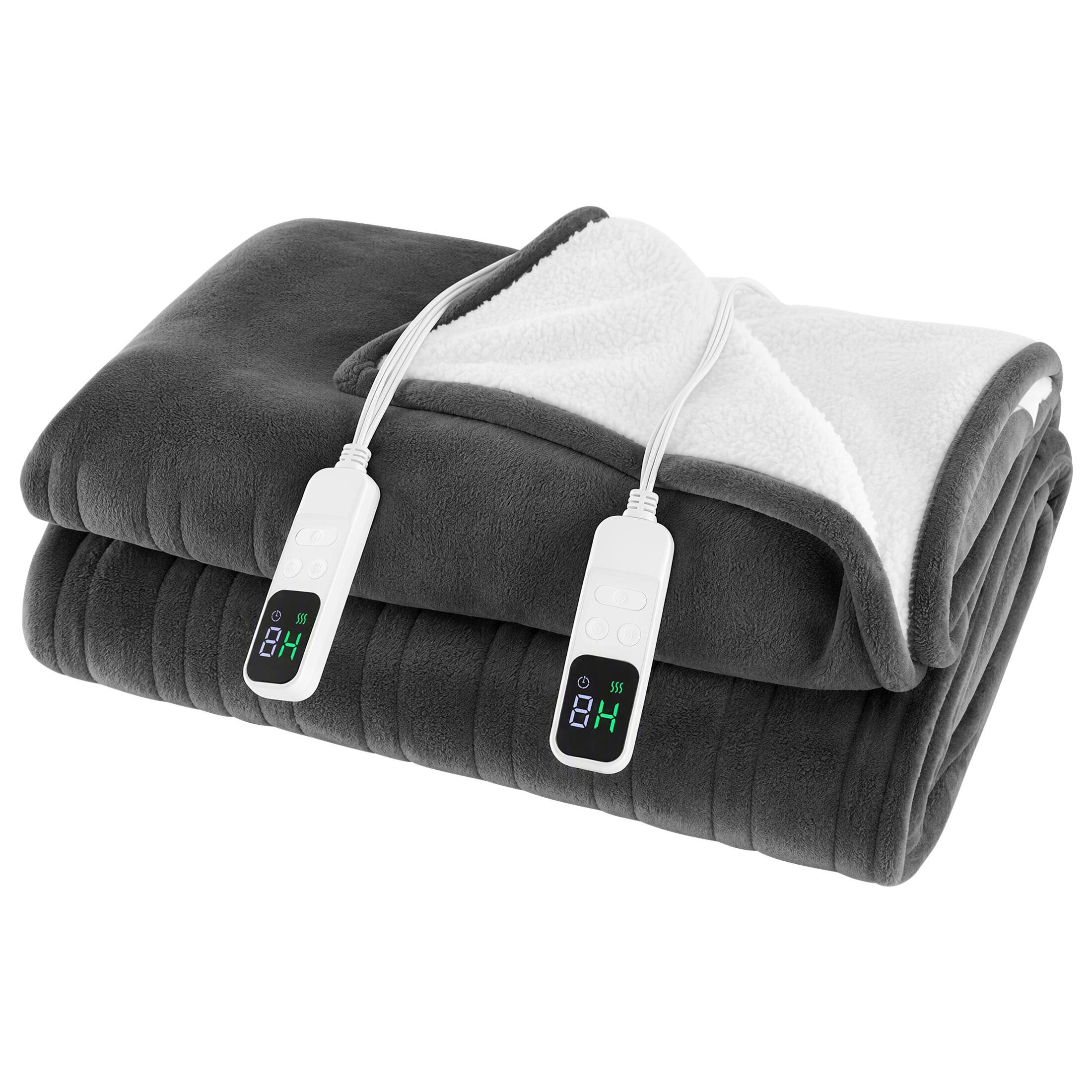 Front. Sweetcrispy - 90''x 100'' King Size Flannel Electric Heated Blanket with 10 Heating Levels for Winter, Dual Control, Machine Washable - Gray.