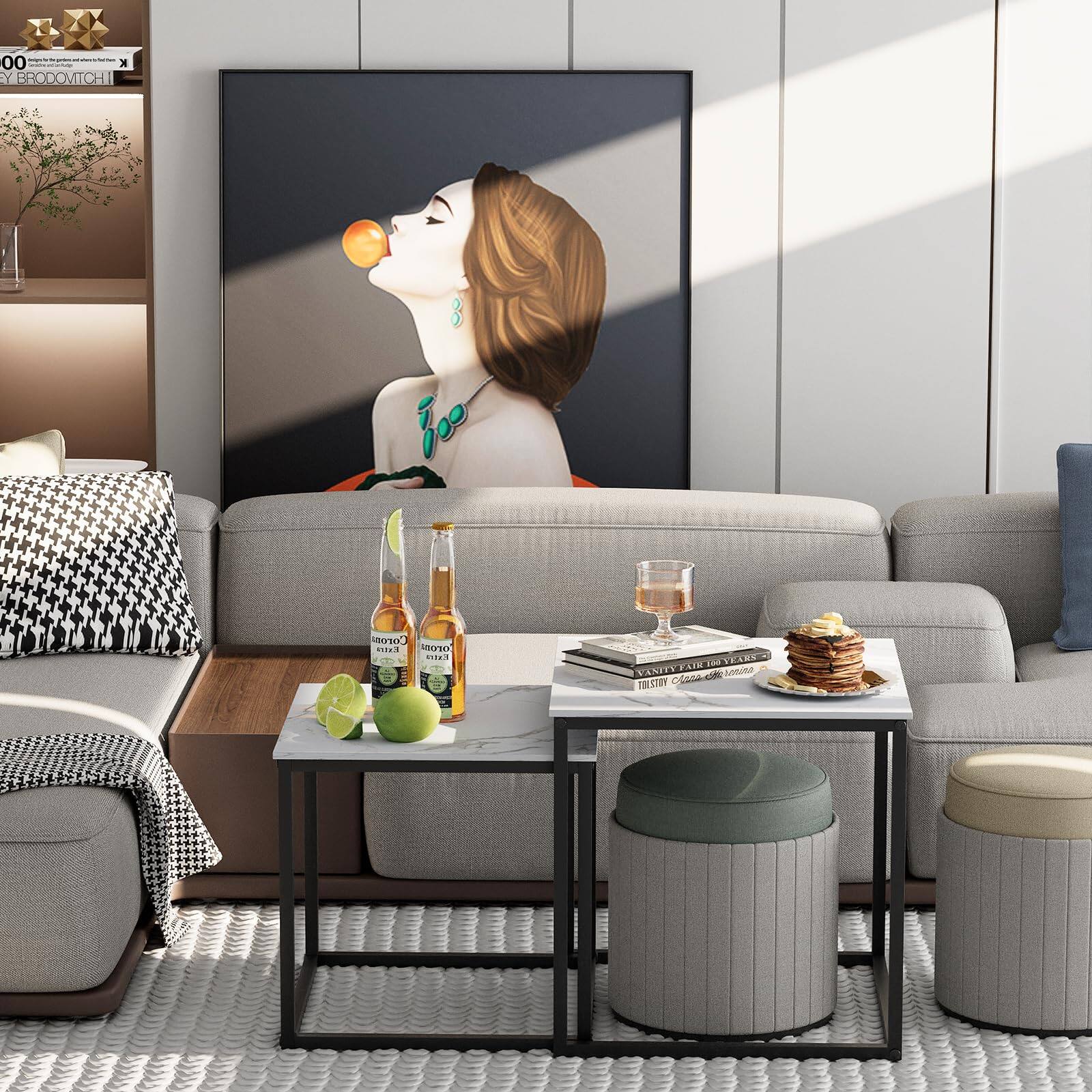 Sure, here is the corrected and grouped text from the image:

---

**Top Left (Bookshelf):**
- "100"
- "BRODOMITCH"

**Top Center (Artwork):**
- "io"

**Bottom Left (Table):**
- "HOTOTO"
- "HOTOTO"
- "1122"

**Bottom Center (Books):**
- "VANCOUVER DIARIES"
- "TOILET"
- "The Art of the Nude"

**Bottom Right (Table):**
- "HOTOTO"
- "HOTOTO"
- "1122"

---