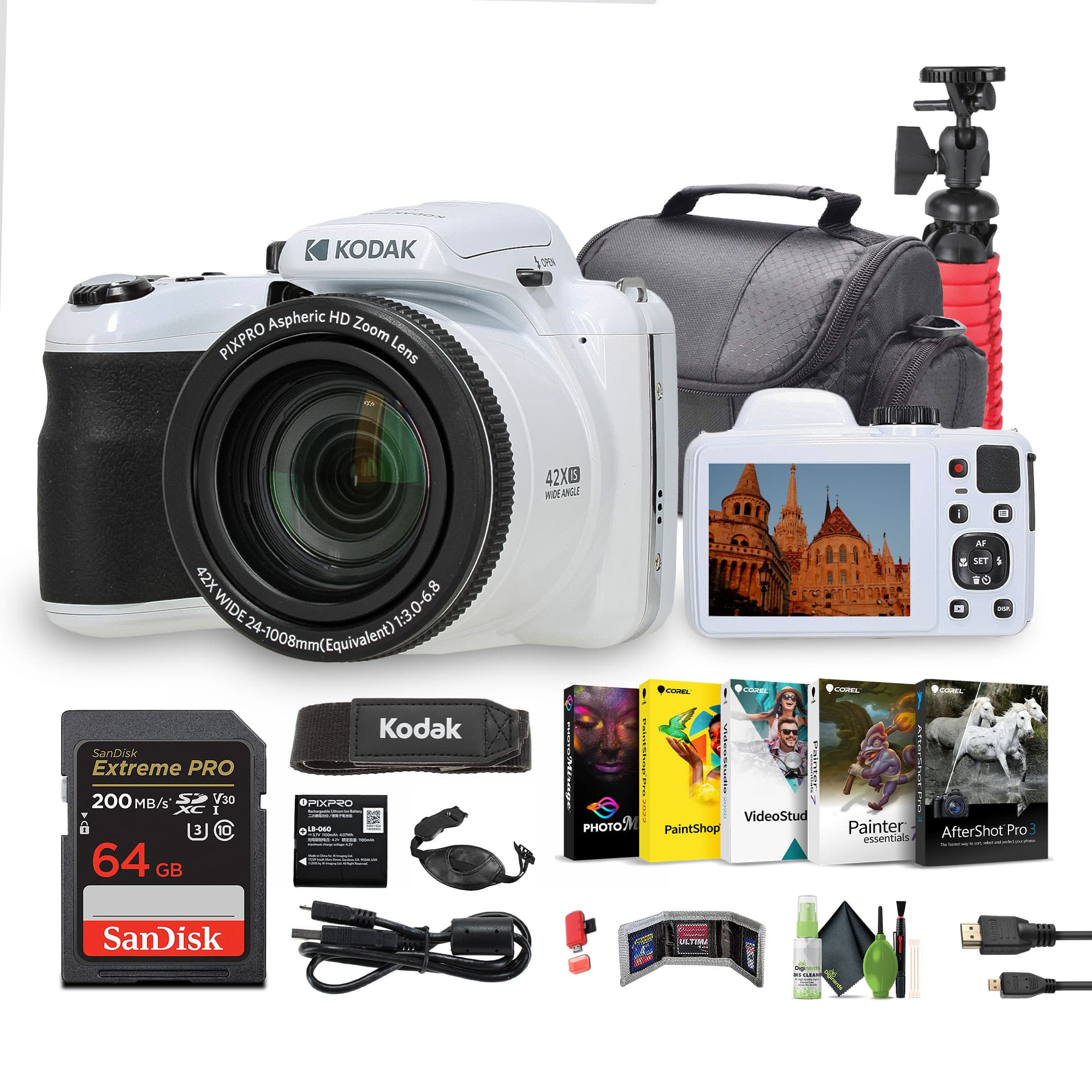 Kodak - PIXPRO AZ425 20MP Digital Vlogging Camera +64GB Memory Card + More - White
