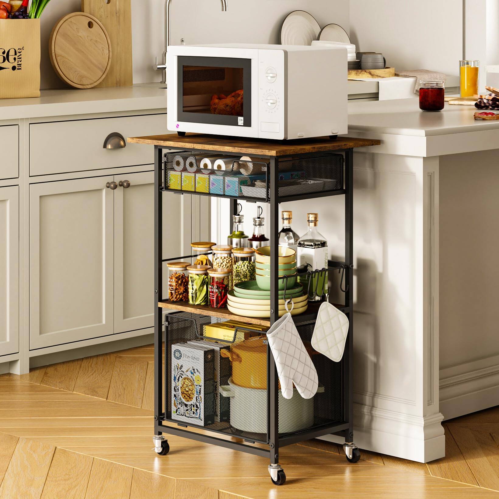 Alt View 1. JETRANSPORT - Microwave Stand With Drawers & Hooks 3-tier Rolling Kitchen Cart For Small Spaces Multifunctional - Default.