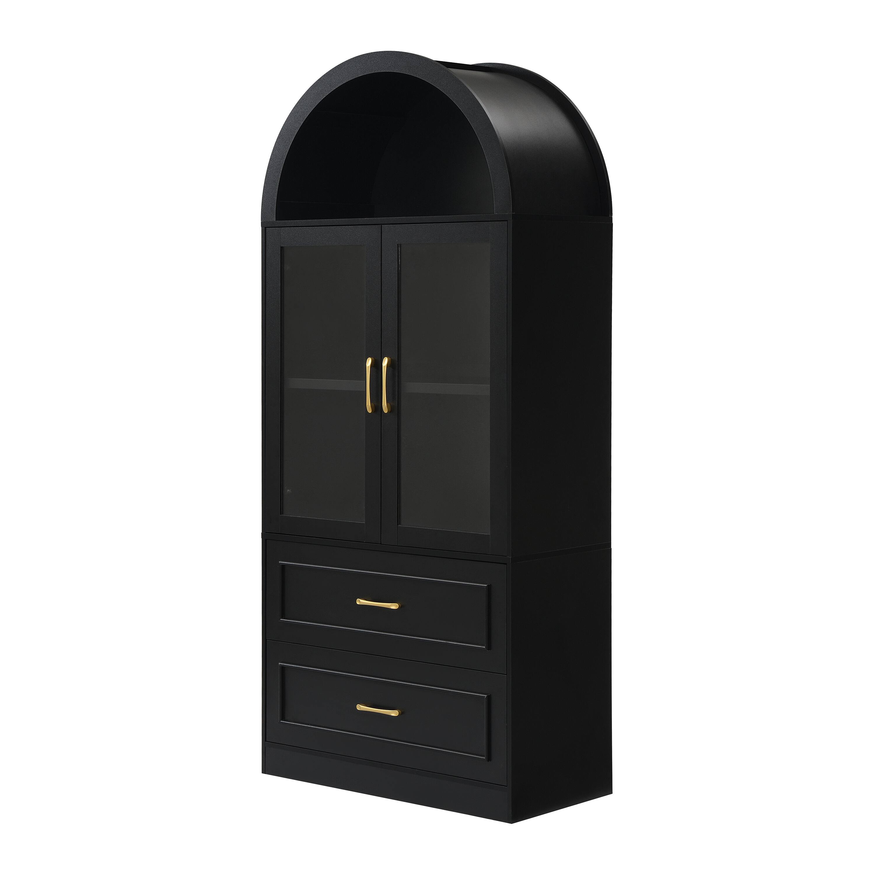 Alt View 6. Loheer - Loheer Black Tall Cabinet, Arched Storage Cabinet with Glass Doors, Modern Display Cabinet for Living Room - Black.
