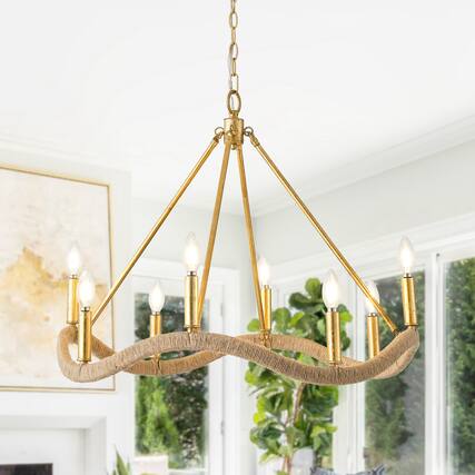 Front. Parrot Uncle - 27.6 in. 8-Light Modern Farmhouse Gold Natural Jute Large Candle Chandelier - Gold.
