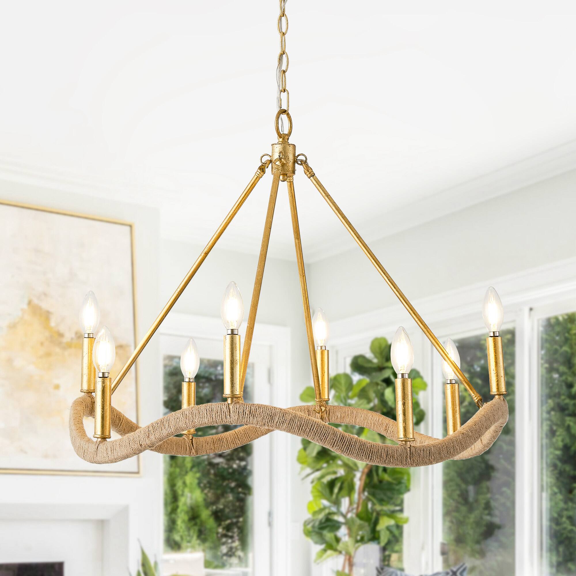 Front. Parrot Uncle - 27.6 in. 8-Light Modern Farmhouse Gold Natural Jute Large Candle Chandelier - Gold.