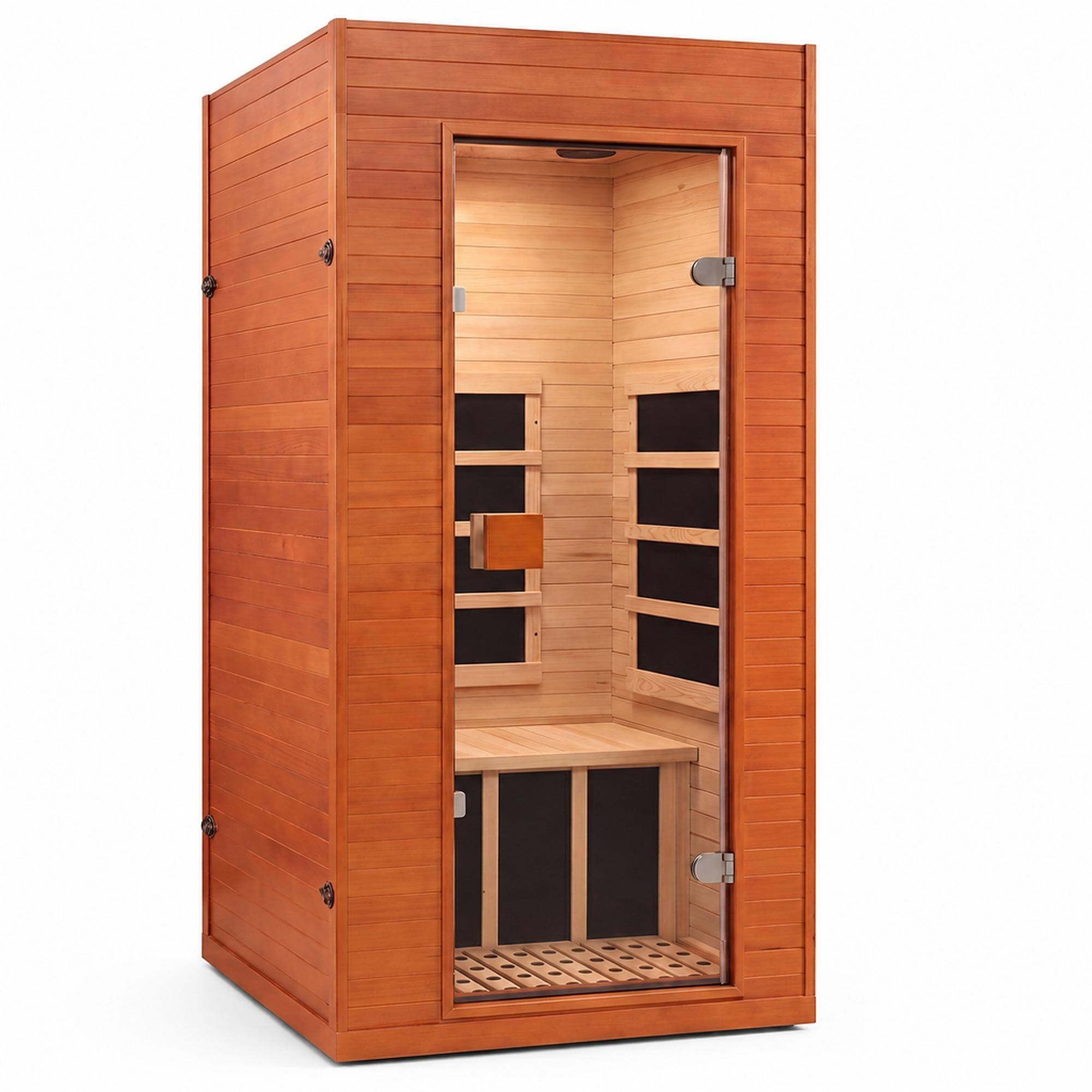 Front. RYHNUYNE - Smart Infrared Sauna for Home, 1-Person Canadian Hemlock Wood Cabin, Voice Control, Bluetooth Speakers, Red Light - Acacia Wood.