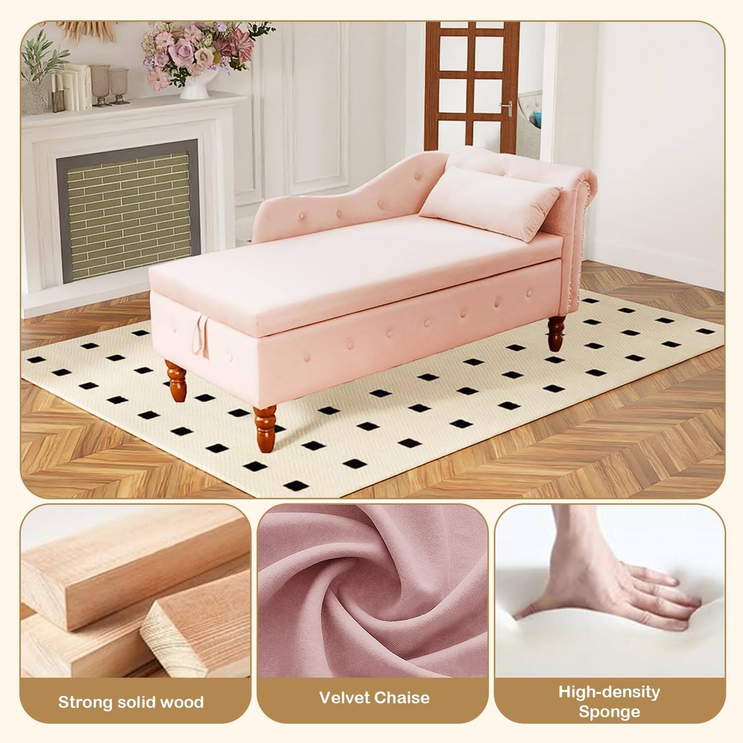 Strong solid wood  
Velvet Chaise  
High-density Sponge