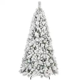 BreeBe - 8FT Flocked Christmas Tree with 600 Warm White LED Lights 1445 Tips - Green,White