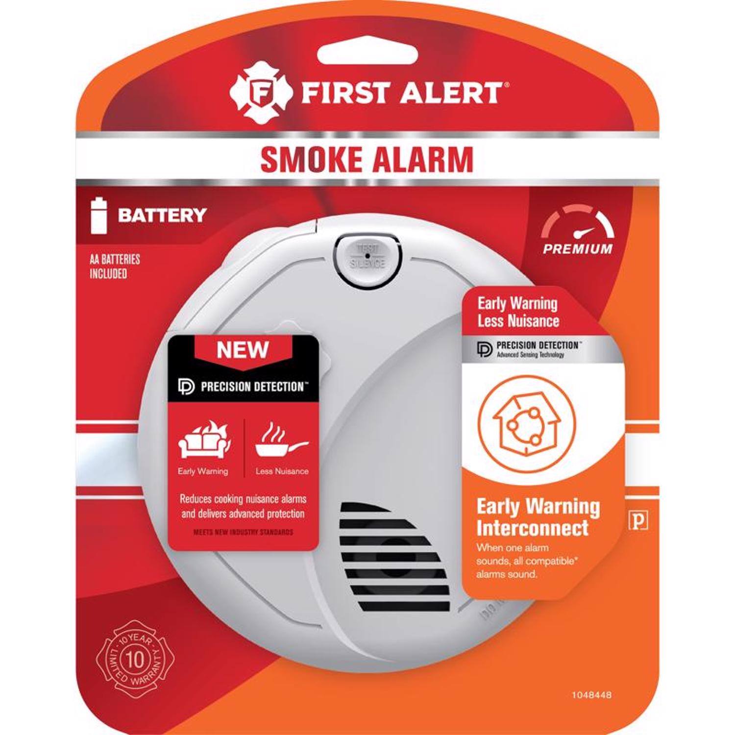 **FIRST ALERT SMOKE ALARM**

- **BATTERY**: AA BATTERIES INCLUDED
- **NEW**
- **PRECISION DETECTION**: Early Warning Less Nuisance
  - Reduces cooking nuisance alarms and delivers advanced protection
  - MEETS NEW INDUSTRY STANDARDS
- **Early Warning Interconnect**: When one alarm sounds, all compatible* alarms sound.
- **10 YEAR LIMITED WARRANTY**
- **PREMIUM**

*1E259*