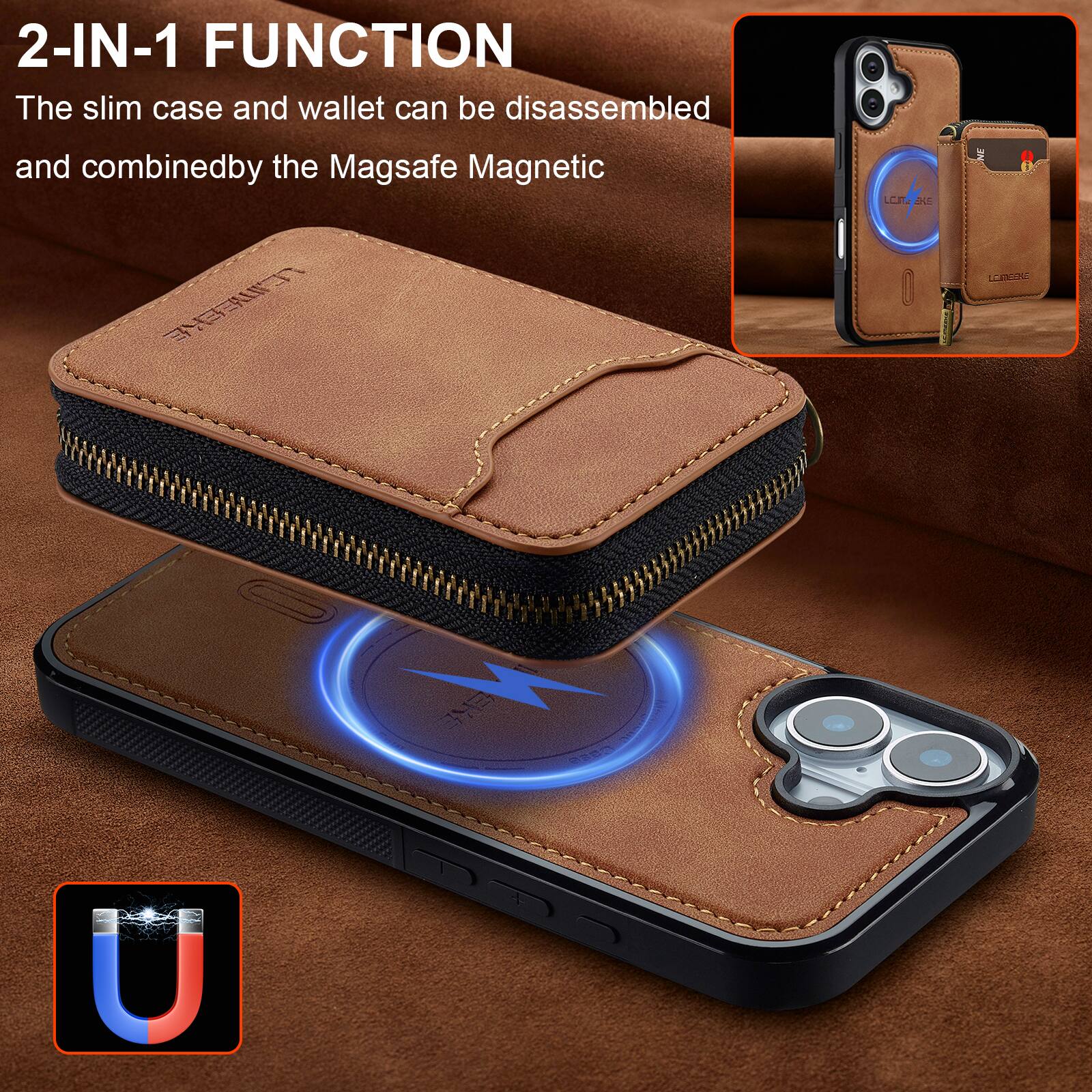 2-IN-1 FUNCTION  
The slim case and wallet can be disassembled and combined by the Magsafe Magnetic