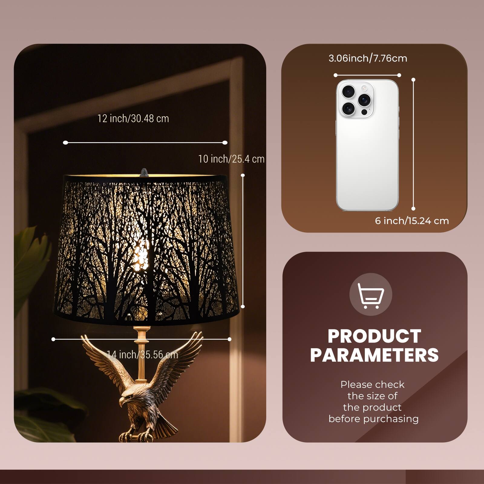 Here is the corrected and grouped text:

- 3.06 inch / 7.76 cm
- 12 inch / 30.48 cm
- 10 inch / 25.4 cm
- 6 inch / 15.24 cm
- 14 inch / 35.56 cm

**PRODUCT PARAMETERS**

Please check the size of the product before purchasing.