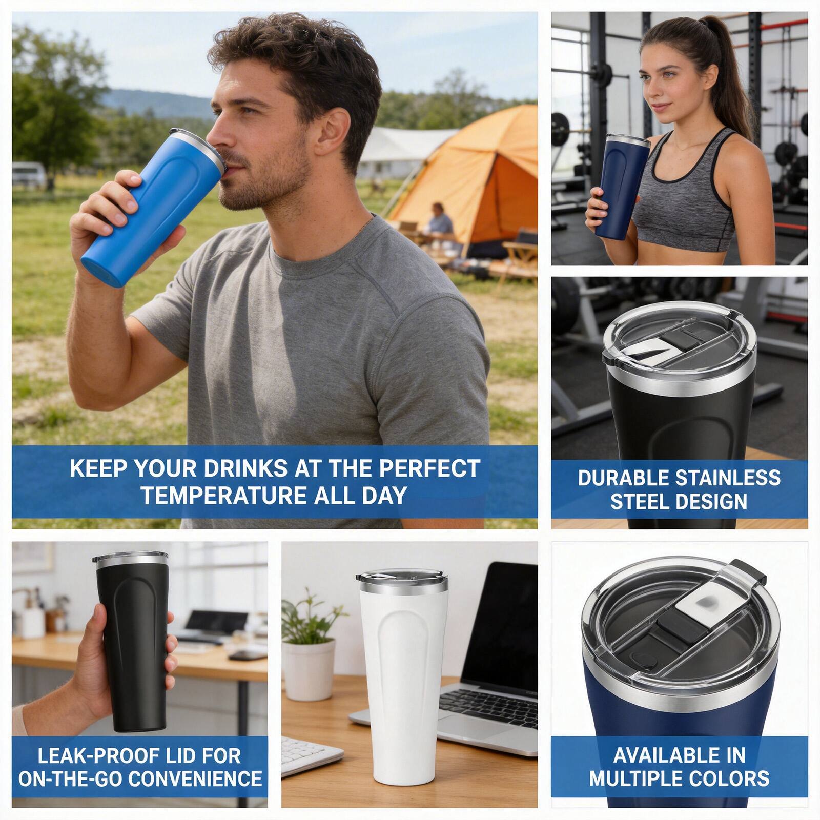 Keep your drinks at the perfect temperature all day. Durable stainless steel design. Leak-proof lid for on-the-go convenience. Available in multiple colors.