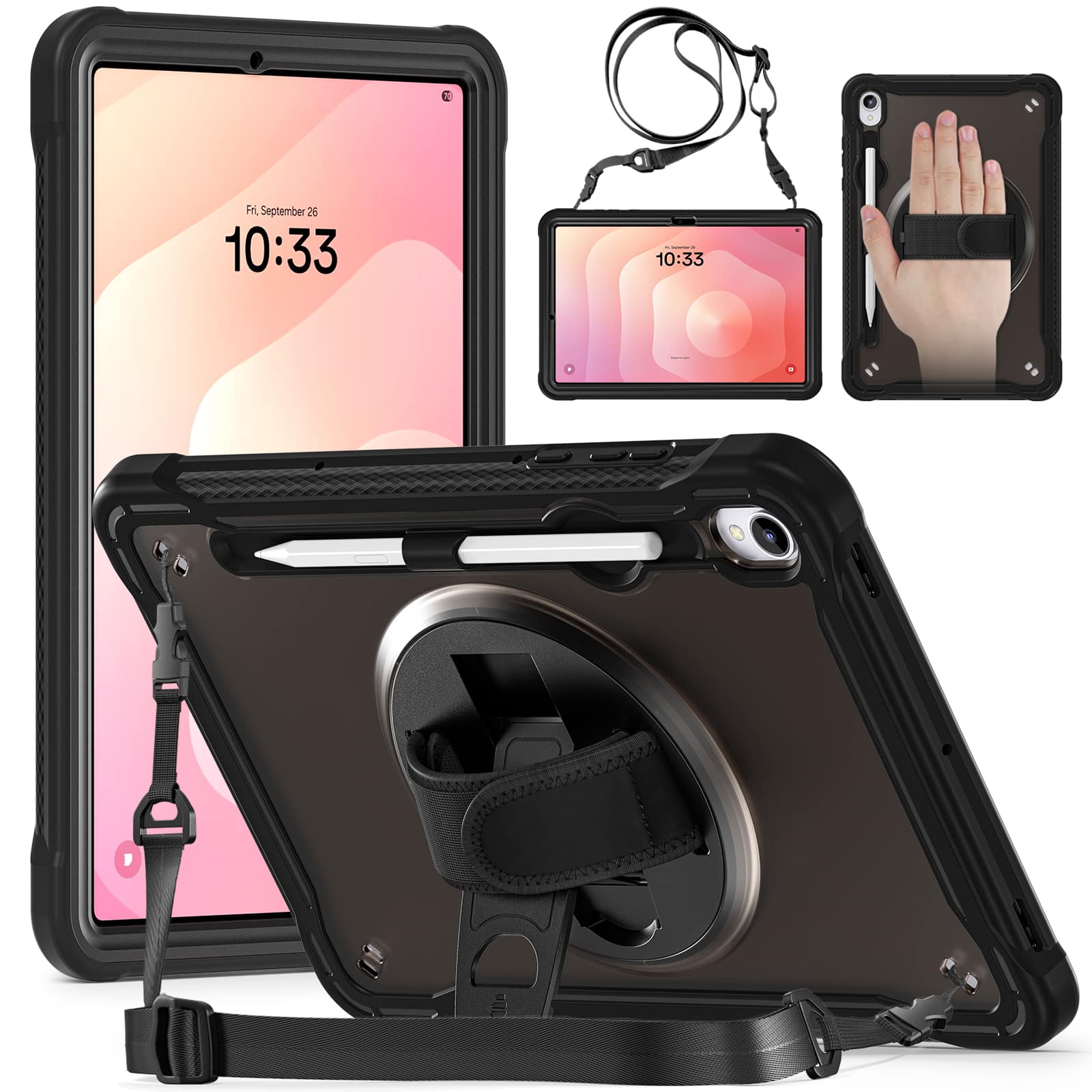 Dteck - Rugged Case for Samsung Galaxy Tab S11 2025 Shockproof Handstrap Foldable Kickstand Cover+Crossbody Strap - Black