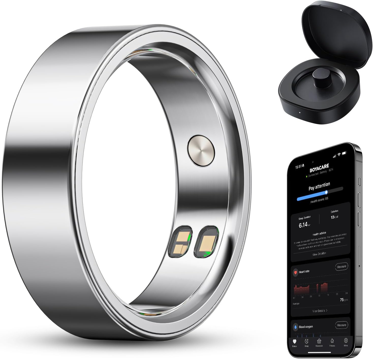 BOYACARE - Smart Ring Health Tracker with Sleep Heart Rate Stress Fitness Blood Oxygen Vibration Alerts / No Subscription - Silver - (2026)