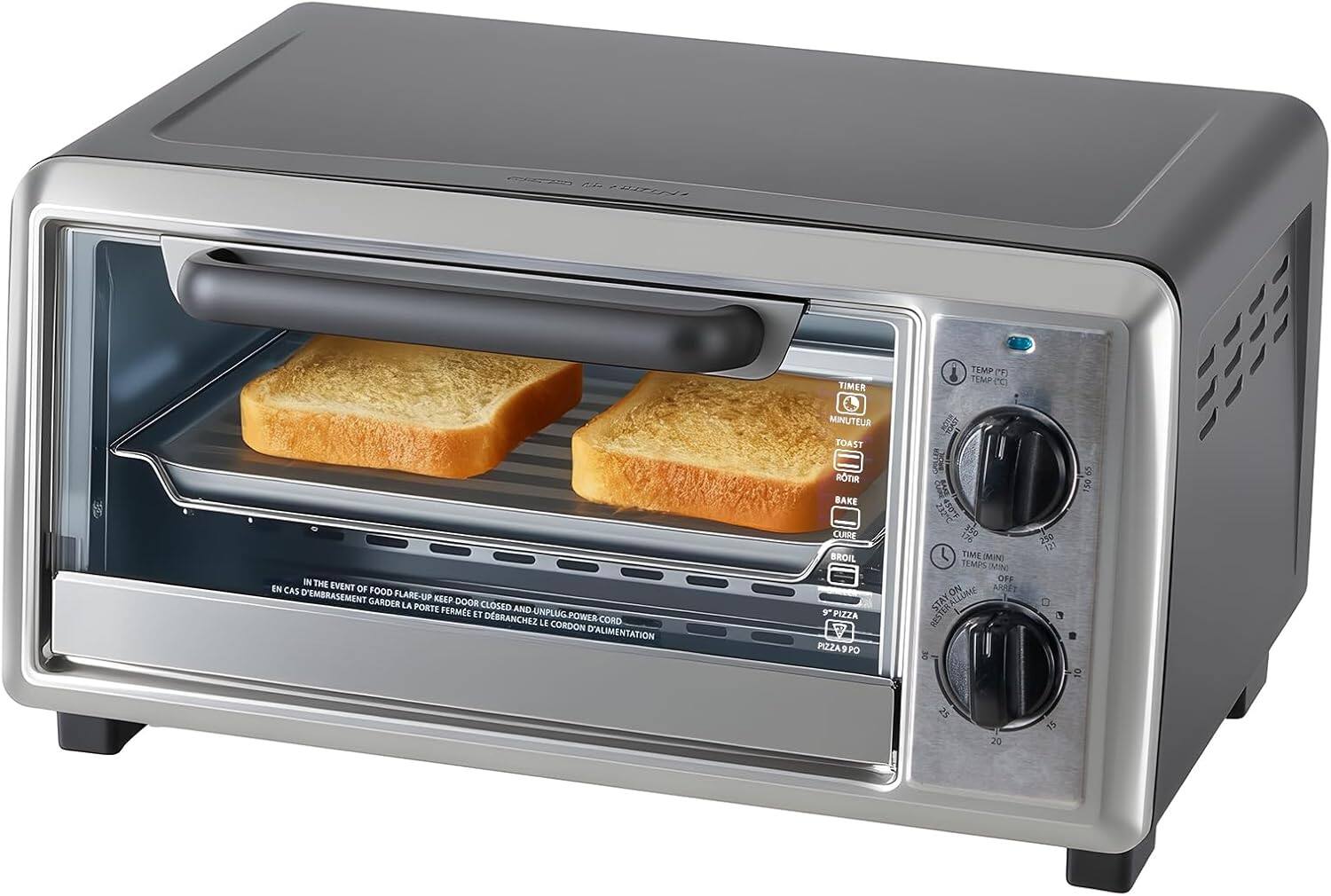 TIMER 1 TEMP P TEMP CC IN THE EVENT OF FOOD FLARE-UP KEEP DOOR CLOSED AND UNPLUG POWER CORD

TOAST ROTIR BAKE CUIRE BROIL

PIZZA 9" PIZZA9PO

232C 450 TIME (MINO) TEMP VIN OF ON APE RESTEAKOM STAY LLUME RESTER 30 12 D. 65 150 TO 25 20 15