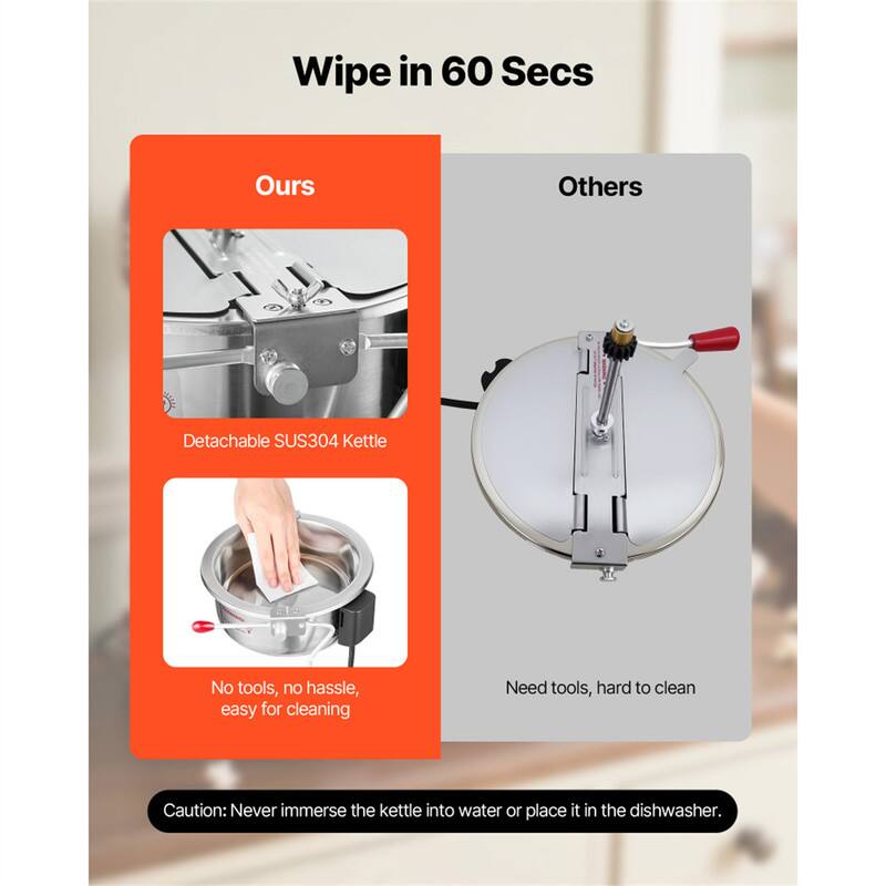 Wipe in 60 Secs

Ours
- Detachable SUS304 Kettle
- No tools, no hassle, easy for cleaning

Others
- Need tools, hard to clean

Caution: Never immerse the kettle into water or place it in the dishwasher.