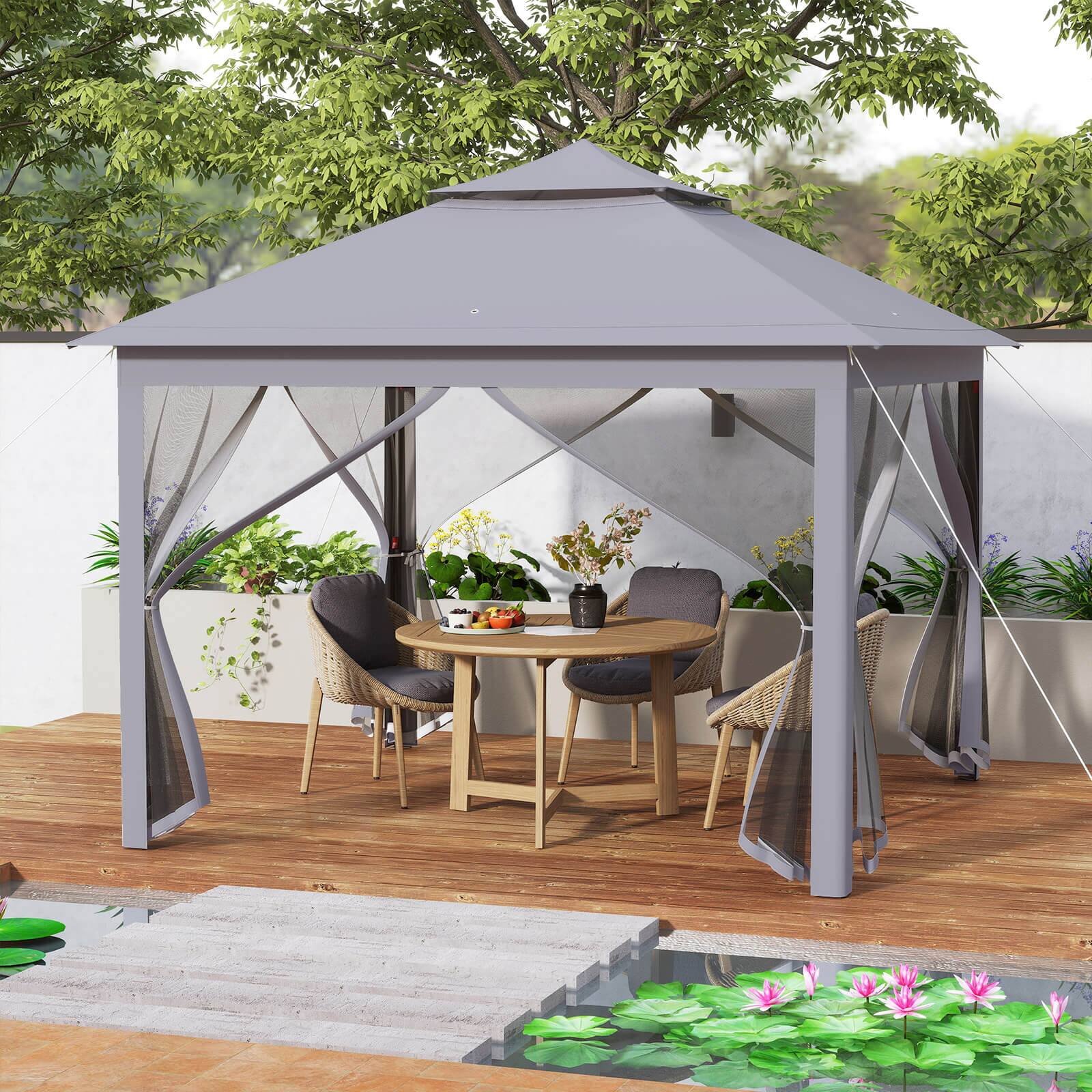 Alt View 3. Costway - Costway 11 ft × 11 ft Pop up Gazebo with Mesh Netting Sidewalls, Vented Top, Drainage Holes - Gray.