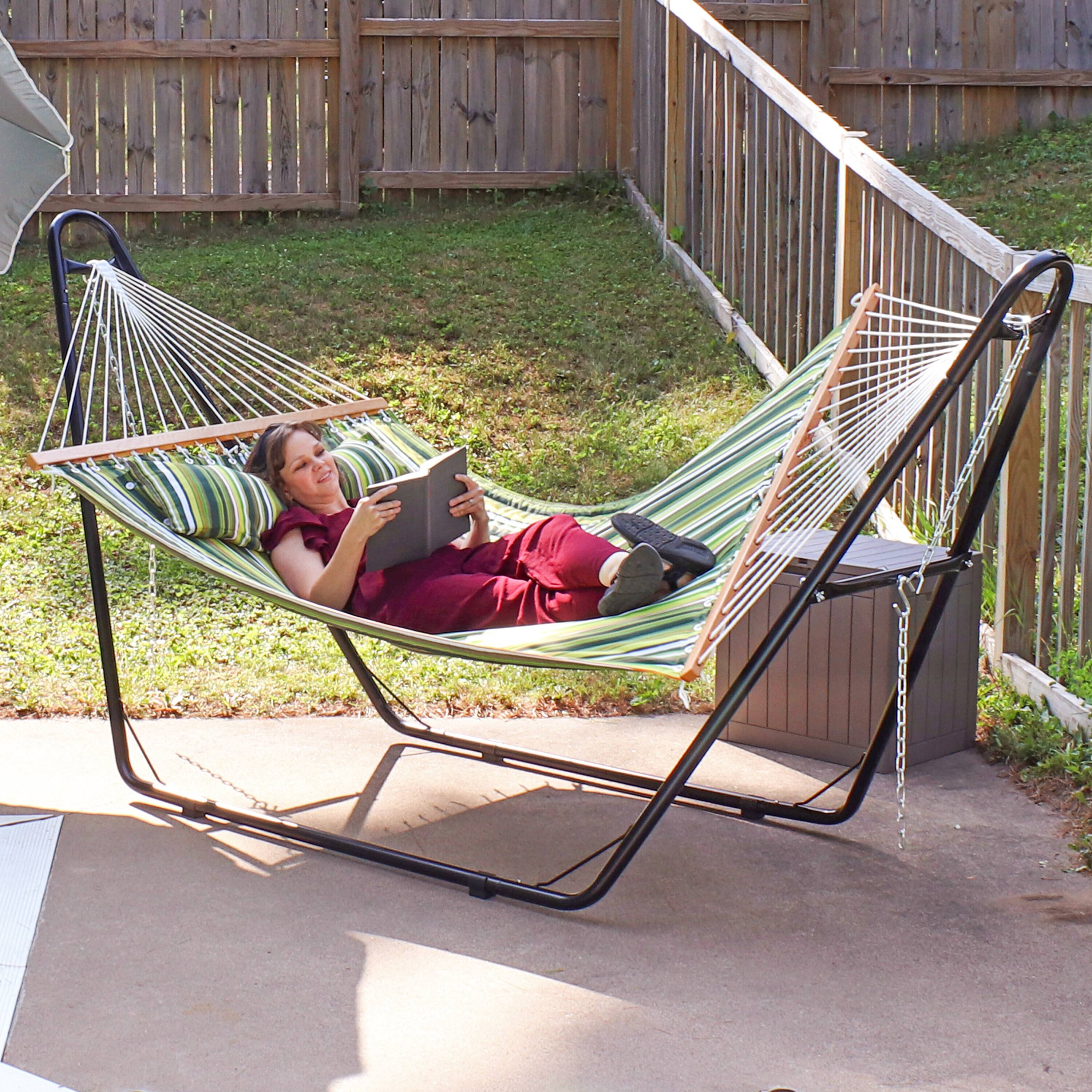 Alt View 8. Sunnydaze - Large Quilted Hammock with Spreader Bar and Pillow - Melon Stripe.