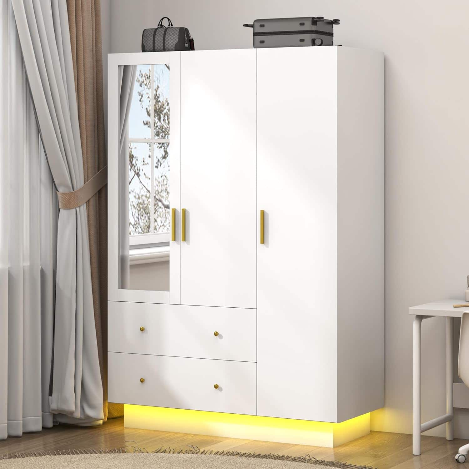 Espafurni - 3 - Door Wardrobe with Mirror for Bedroom - LED Lights, Drawers, Shelves, Hanging Rod - White