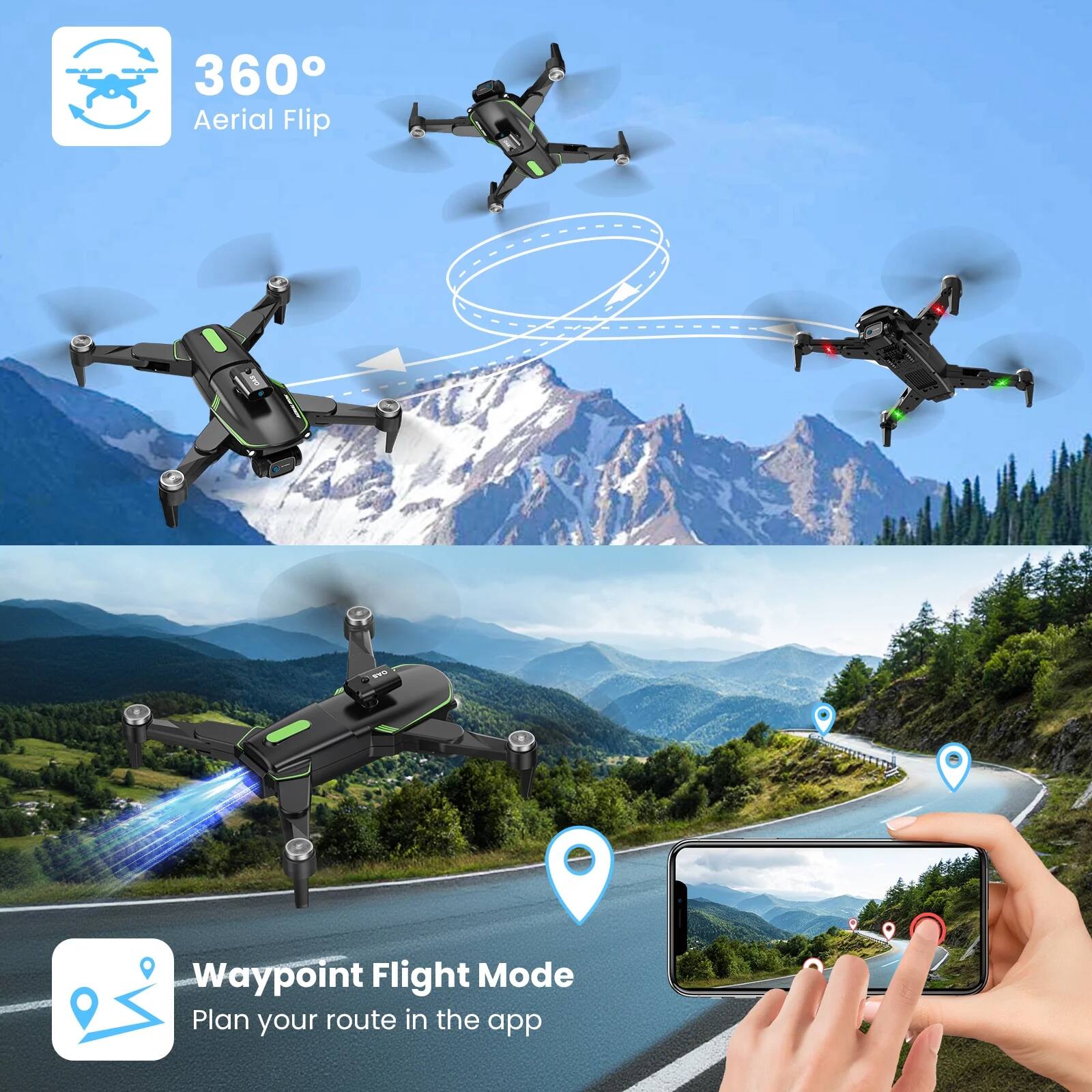 360° Aerial Flip

Waypoint Flight Mode
Plan your route in the app