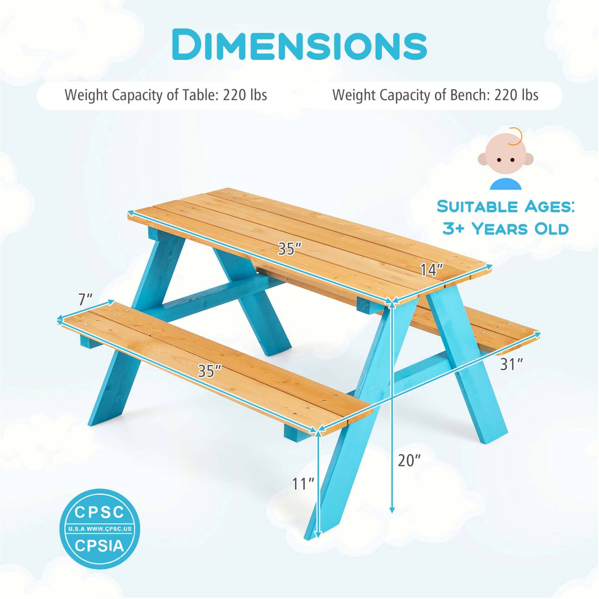 **DIMENSIONS**

- Weight Capacity of Table: 220 lbs
- Weight Capacity of Bench: 220 lbs

**SUITABLE AGES:**
- 3+ YEARS OLD

**Dimensions:**
- Table: 35" x 14"
- Bench: 35" x 7"
- Height: 31"
- Seat Height: 11"
- Leg Width: 20"

**Certifications:**
- CPSC U.S.A. www.CPSC.Us
- CPSIA