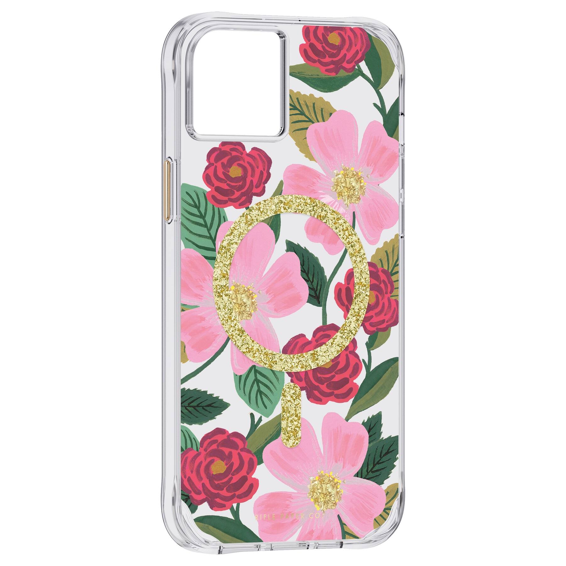 Angle. Rifle Paper - Antimicrobial Hardshell Case with MagSafe for Apple iPhone 14 Plus - Rose Garden.