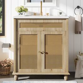 30 Inch Bathroom Vanity Handwoven Rattan Doors Solid Wood Legs and Resin Basin