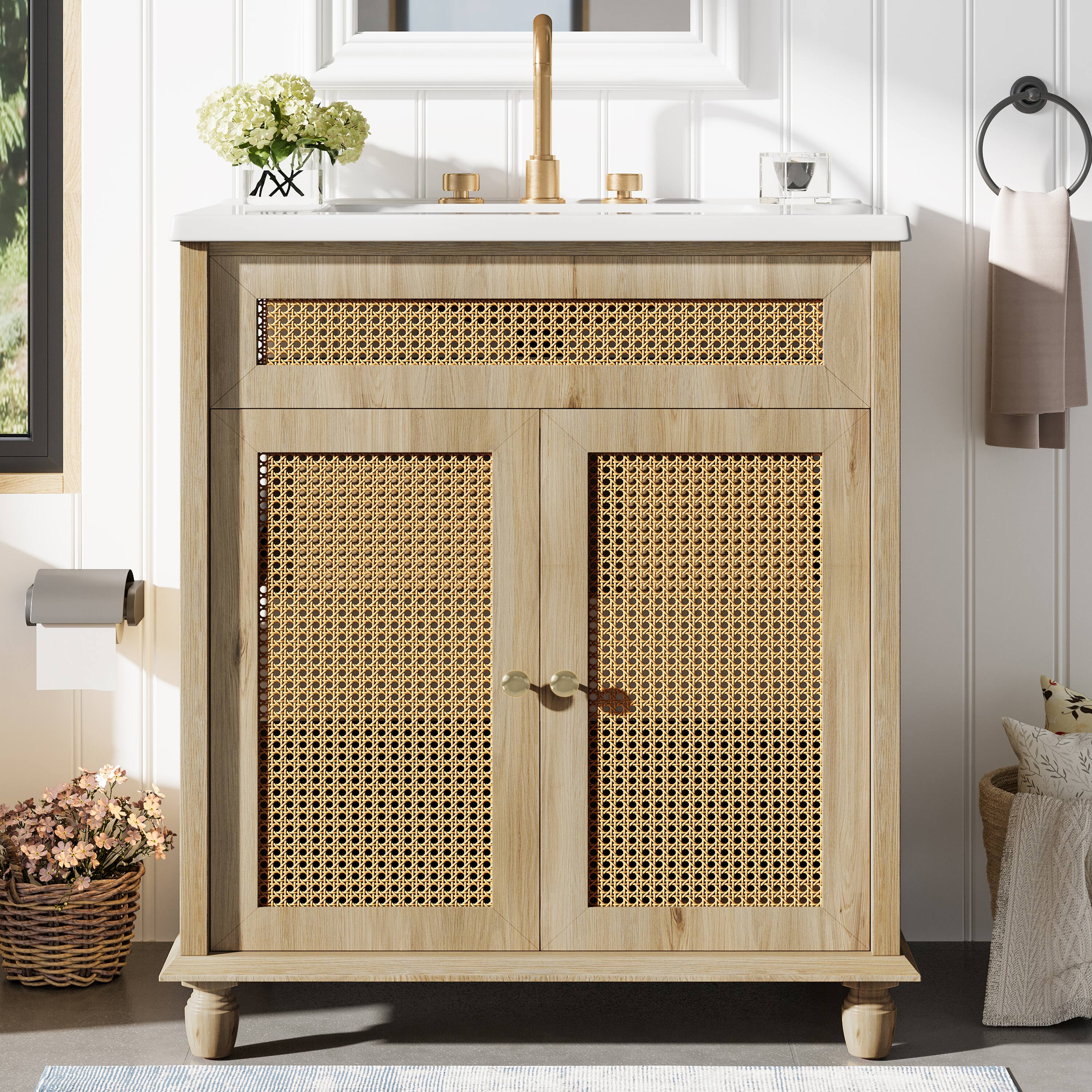 Front. TinyHomie - 30 Inch Bathroom Vanity Handwoven Rattan Doors Solid Wood Legs and Resin Basin - White.