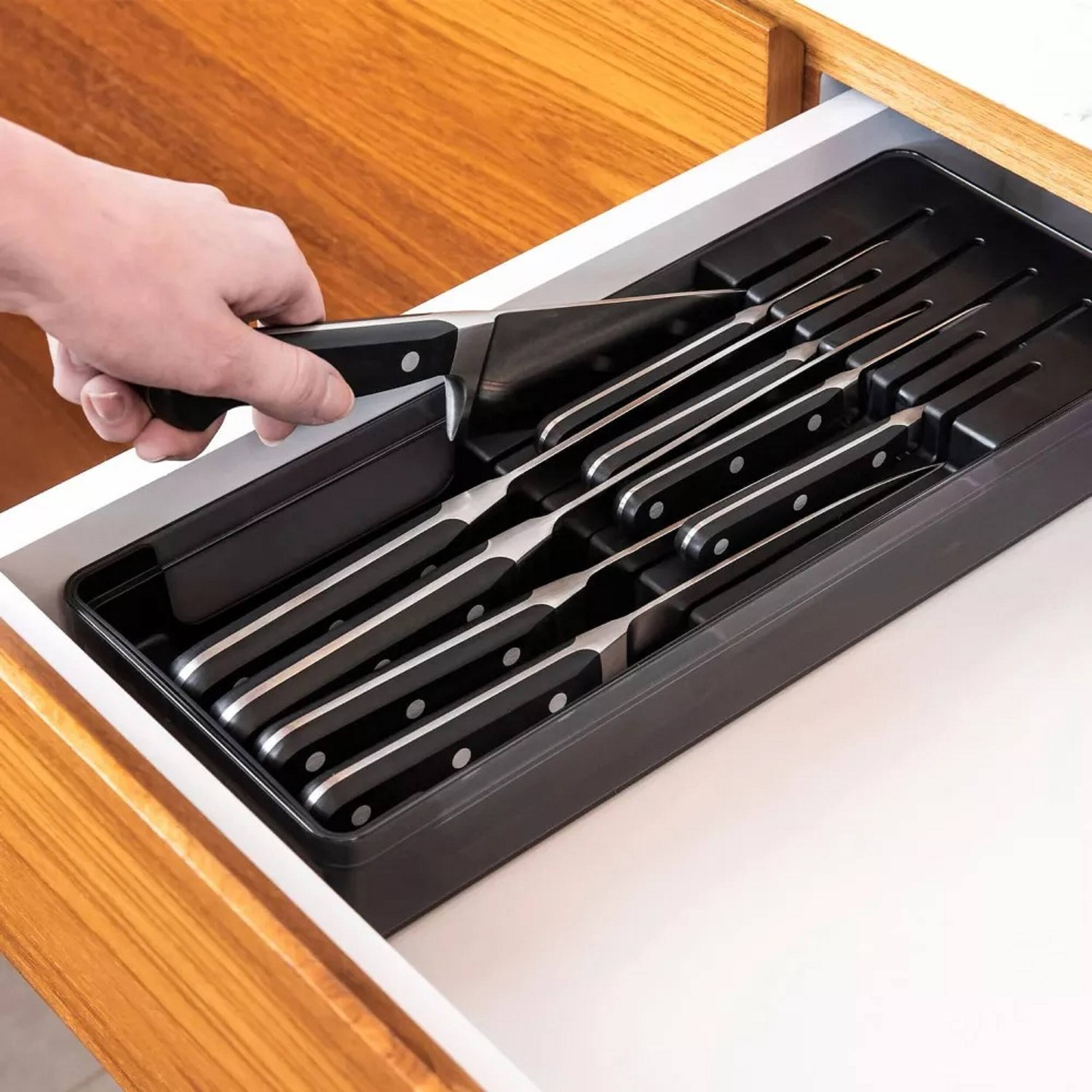 Angle. OU - OU In Drawer Knife Organizer, Compact Knife Holder, Utensil Storage Drawer Insert, Kitchen Organizer - Black - Black.