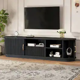 Whisen - Fluted TV Stand TVs up to 75" with Sliding Slatted Doors and Cable Management - Black
