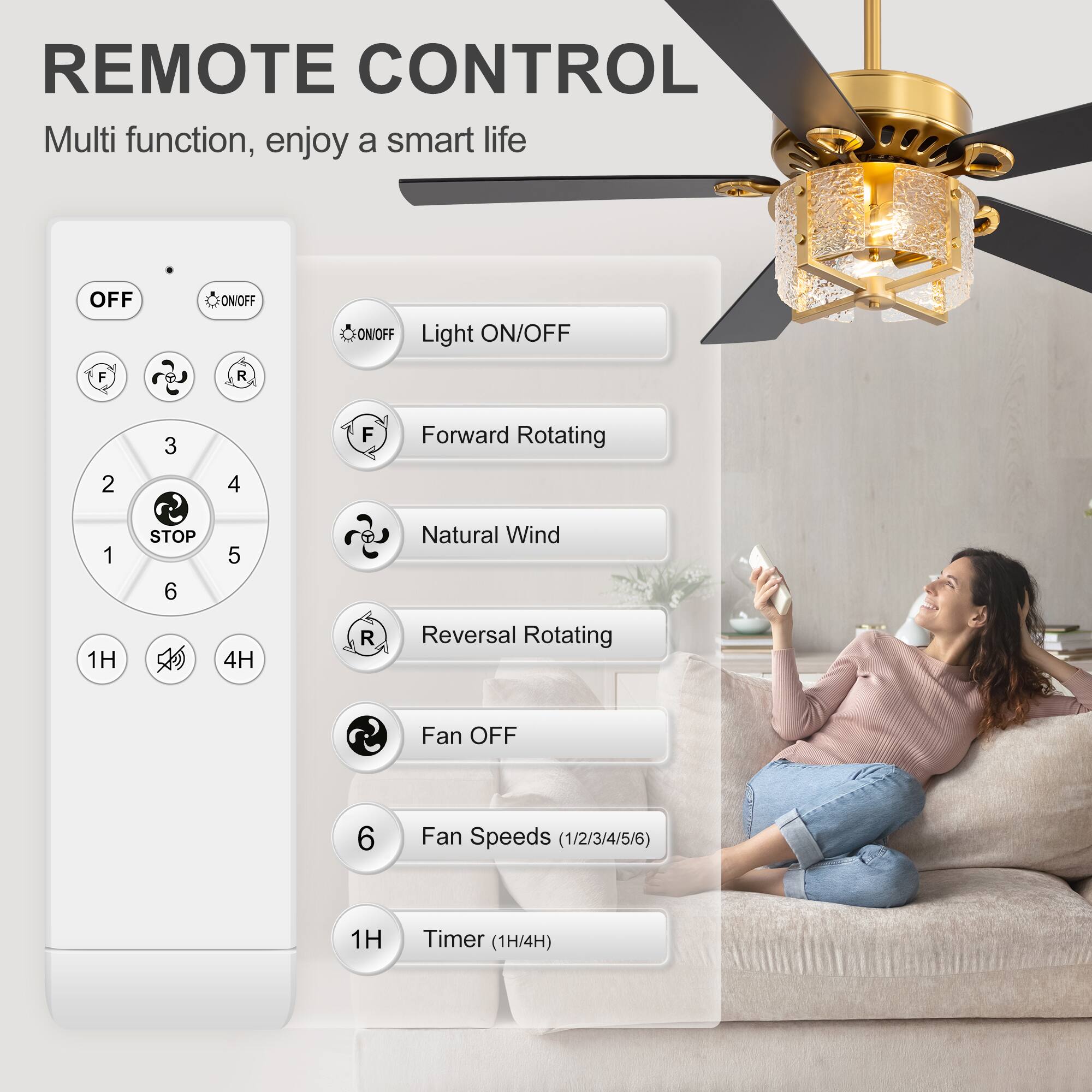 REMOTE CONTROL  
Multi function, enjoy a smart life  

- OFF  
- ON/OFF  
- Light ON/OFF  
- Forward Rotating  
- Natural Wind  
- Reversal Rotating  
- Fan OFF  
- Fan Speeds (1/2/3/4/5/6)  
- Timer (1H/4H)  

1H  
4H