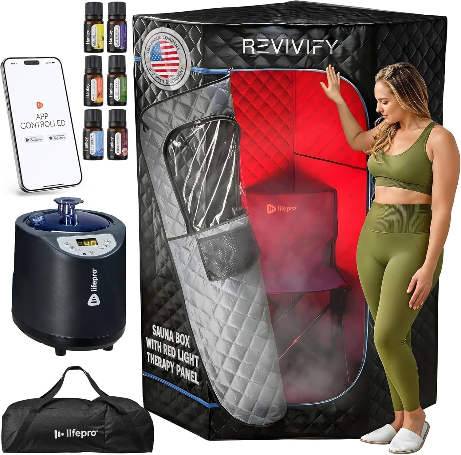 LifePro - Portable Indoor Steam Sauna with Red Light & 2.6L Steamer | Full Body Sauna Box with Timer - Black