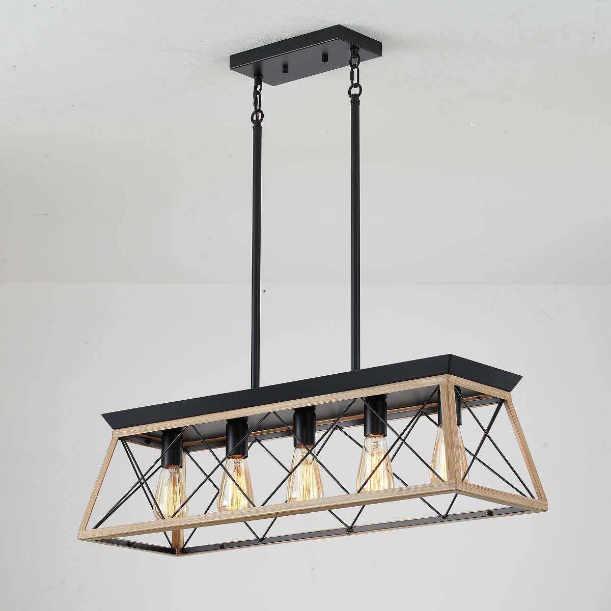 Alt View 6. Loheer - Loheer 5 Light Farmhouse Chandelier Rustic Wood and Metal Rectangular Dining Room Pendant.