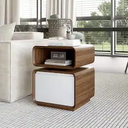 POVISON - 18" Modern Minimalist Side Table with Drawer, Small End Table with Storage for Living Room - Walnut & White