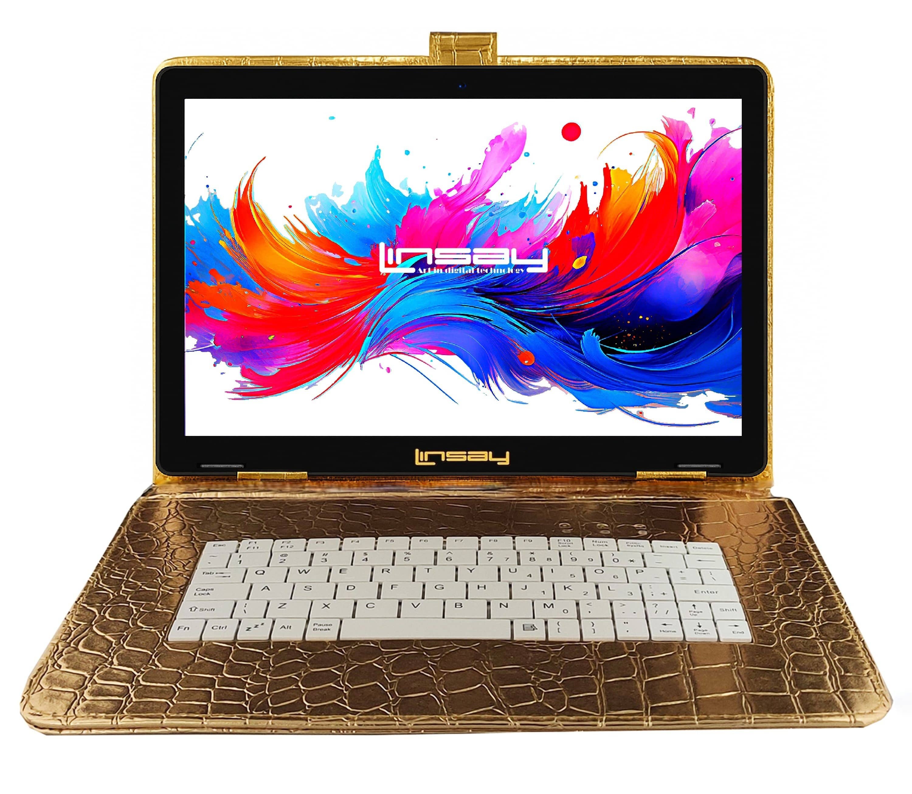 LINSAY - 10.1" Octa Core 256GB Storage Android 15 Tablet with Golden Keyboard - Gold
