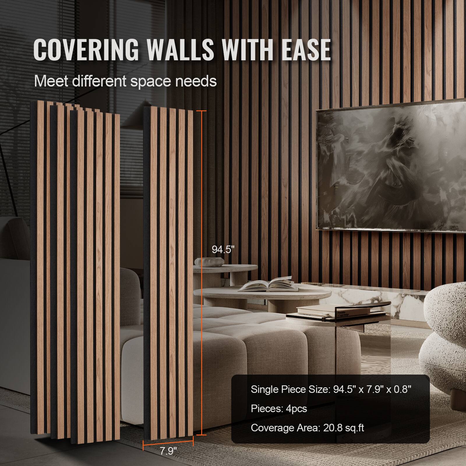 COVERING WALLS WITH EASE  
Meet different space needs  

Single Piece Size: 94.5" x 7.9" x 0.8"  
Pieces: 4pcs  
Coverage Area: 20.8 sq.ft