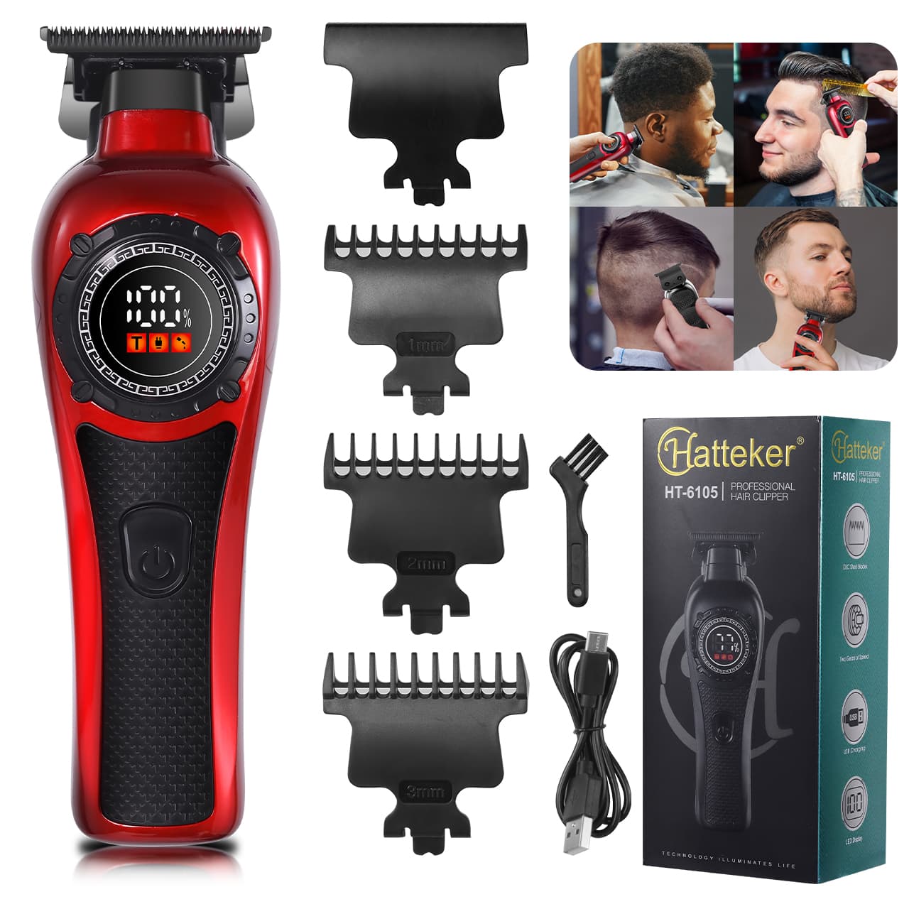 HATTEKER - Hair Clipper Beard Trimmer with DLC Precision Blades, USB-C Charging and LED Battery Indicator - Red