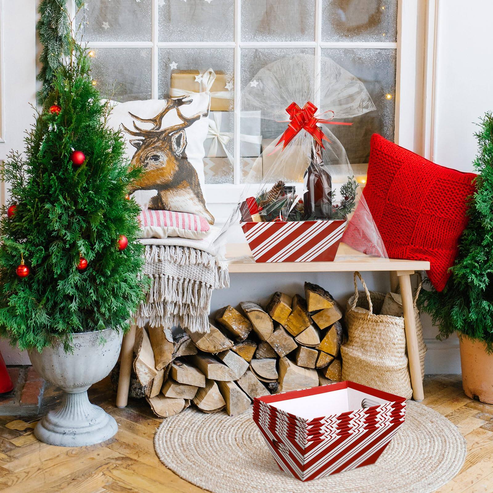 Alt View 5. Paradigms Interiors - 24 Christmas Baskets For Gift Empty Diy Bulk 8" X 10" Candy Cane Striped Basket Kit With 8 Bags And Bows To... - Red-Candy Cane Striped.