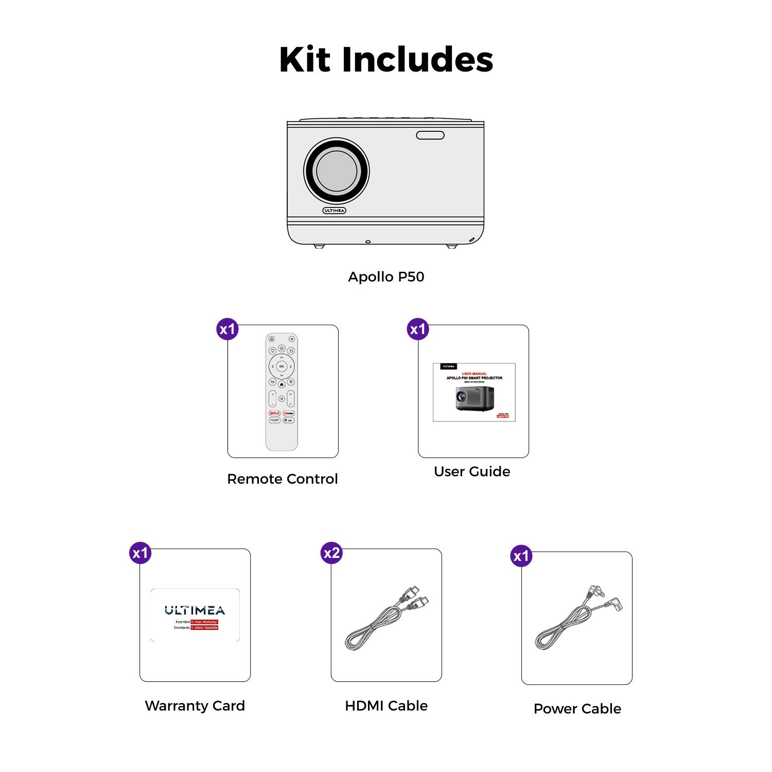 Kit Includes - Apollo P50 x1 - Remote Control x1 - User Guide x1 - Warranty Card x1 - HDMI Cable x2 - Power Cable x1