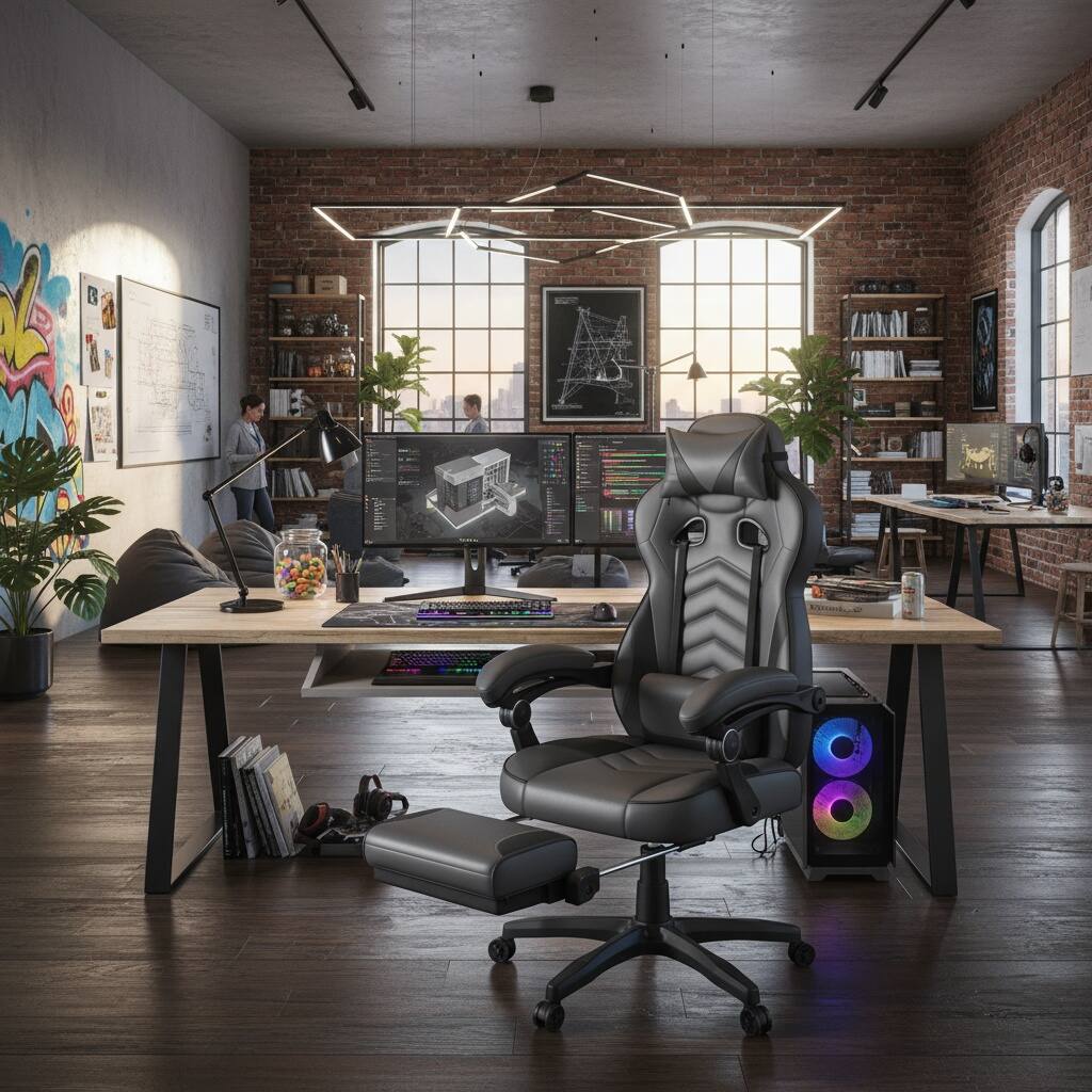 Alt View 5. Forest'nSky - Black & Grey Racing Style Executive Gaming Chair with Full Recline & Footrest - Grey.