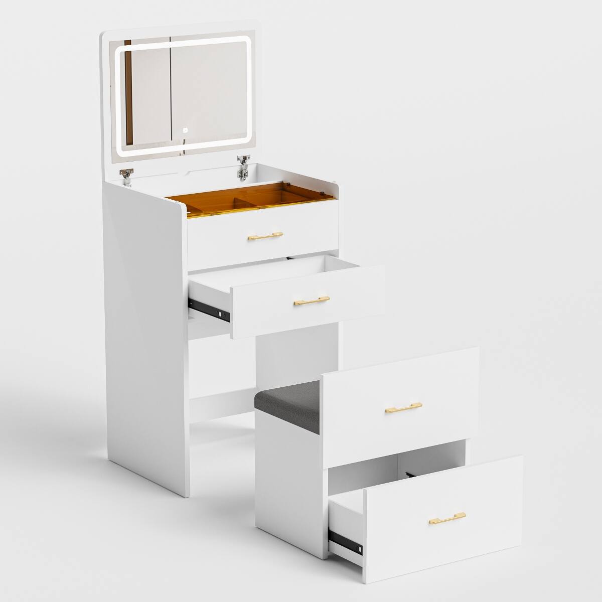 Alt View 4. Loheer - Loheer White Makeup Vanity Desk with Flip Top Mirror and Glass Surface - White.