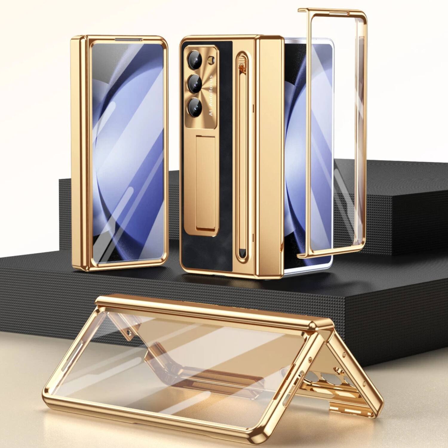 Angle. Stock Preferred - Hinge Stand Case with Screen Protector & Slim Stylus  For Samsung Galaxy Z Fold7- Gold Black - Gold Black.