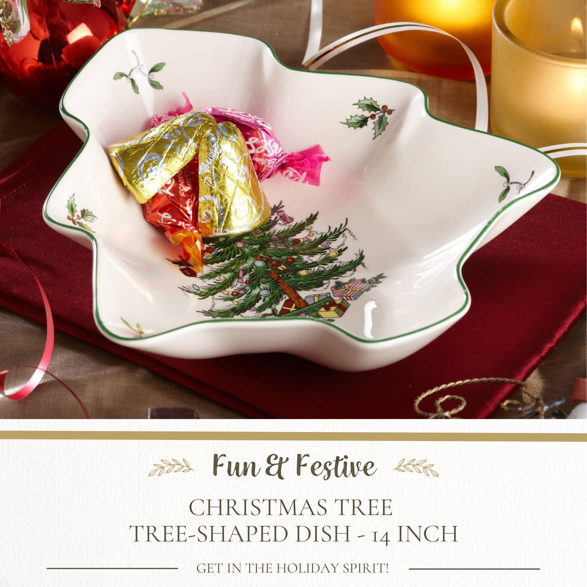 Fun & Festive CHRISTMAS TREE TREE-SHAPED DISH - 14 INCH  
GET IN THE HOLIDAY SPIRIT!
