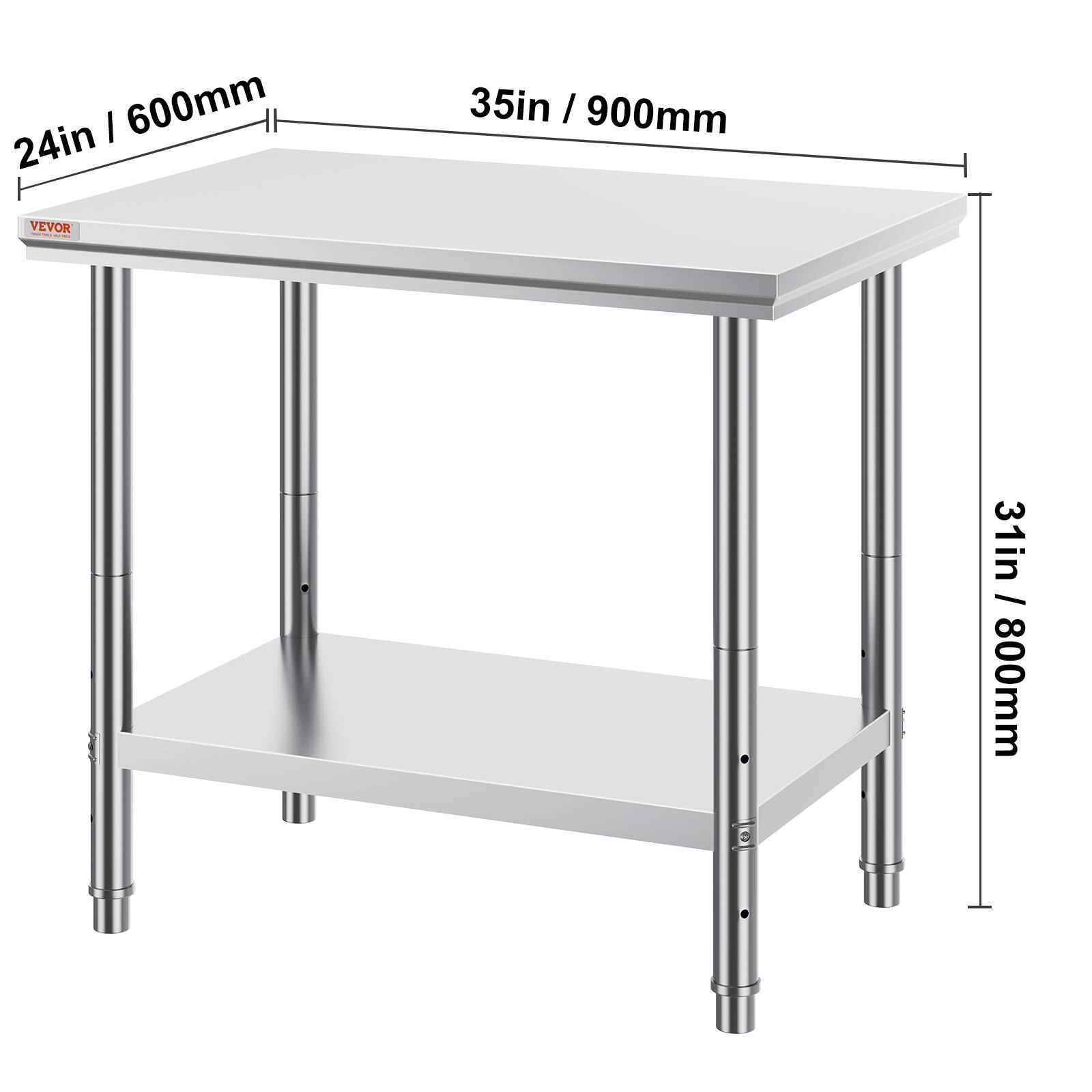 - Tabletop dimensions: 24in / 600mm (width) x 35in / 900mm (length)
- Shelf height: 31in / 800mm