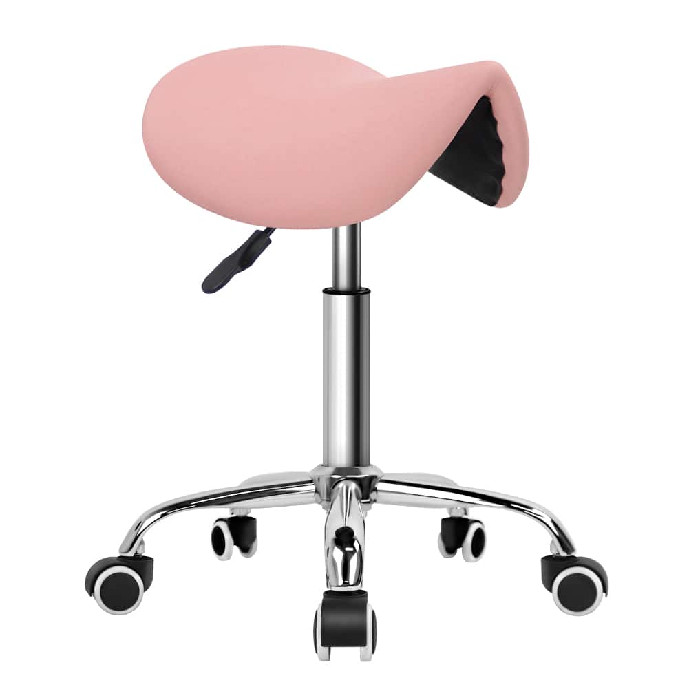 KKTONER - Rolling Saddle Stool PU Leather Swivel Adjustable Rolling Stool with Wheels Salon Chair - Pink