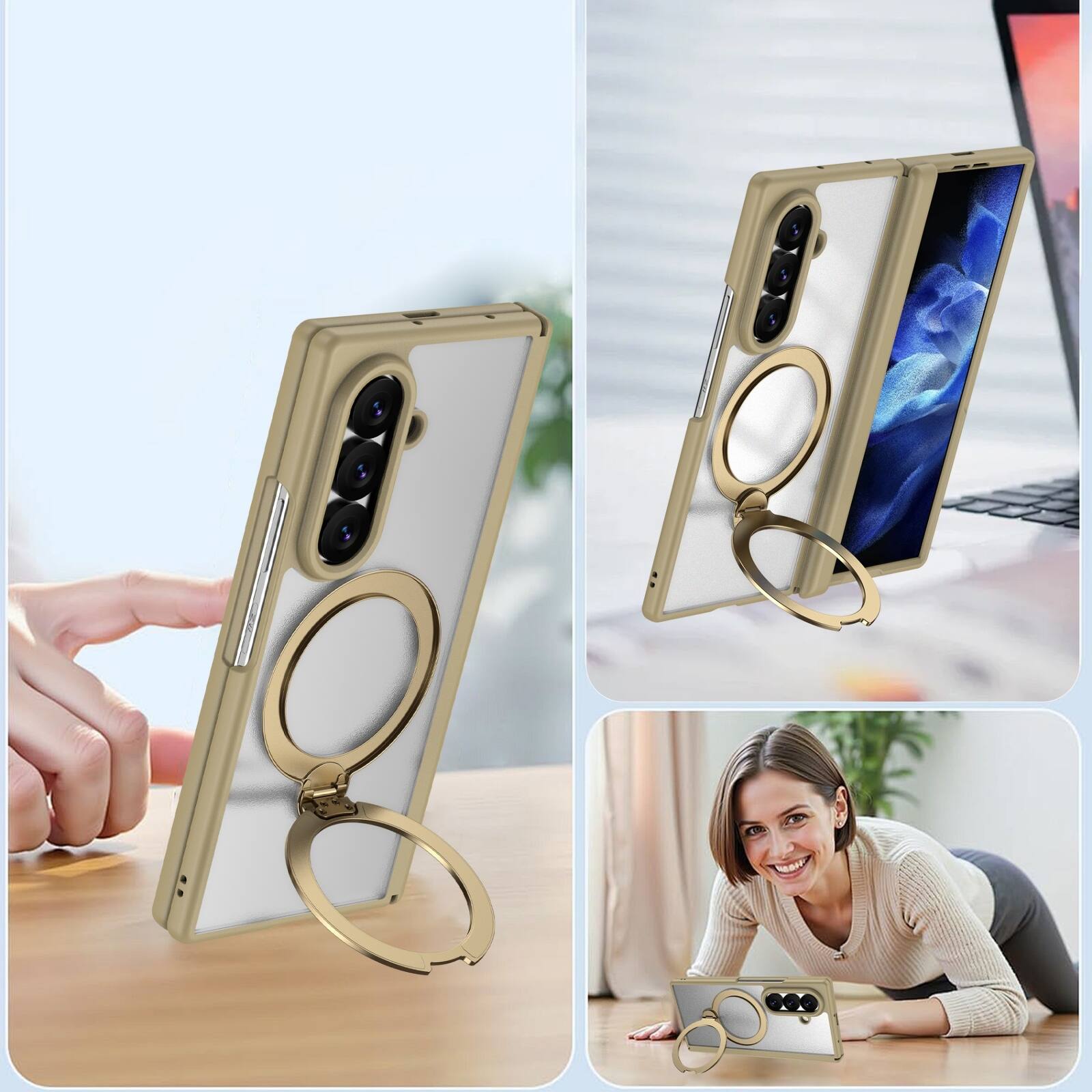 Alt View 2. Dteck - For Samsung Galaxy Z Fold8 Ultra Magnetic Case Built-in Screen Protector,Shockproof Ring Stand Clear Back Hinge Cover - Gold.
