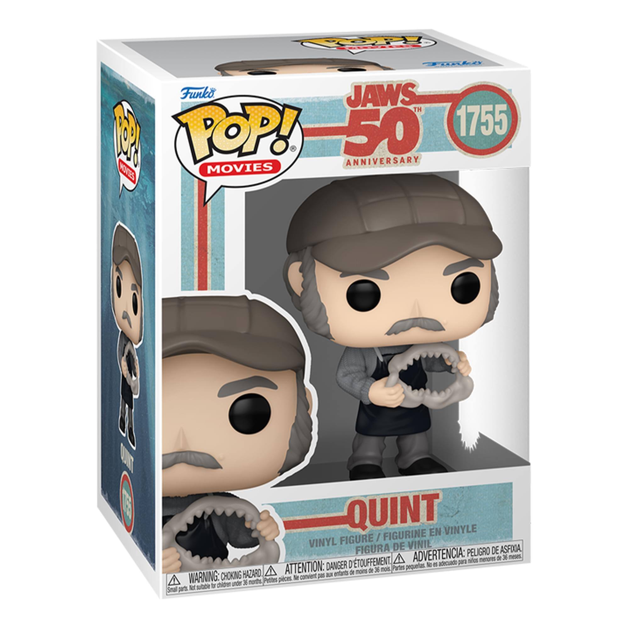 Funko POP! Movies  
JAWS 50th Anniversary  
1755  
QUINT  
Vinyl Figure / Figurine en Vinyle / Figura de Vinilo  

WARNING: CHOKING HAZARD - Small parts. Not for children under 3 years.  
ATTENTION: PELIGRO DE ASFIXIA - Piezas pequeñas. No es adecuado para menores de 3 años.  
ADVERTENCIA: DANGER - Petites pièces. Ne convient pas aux enfants de moins de 3 ans.