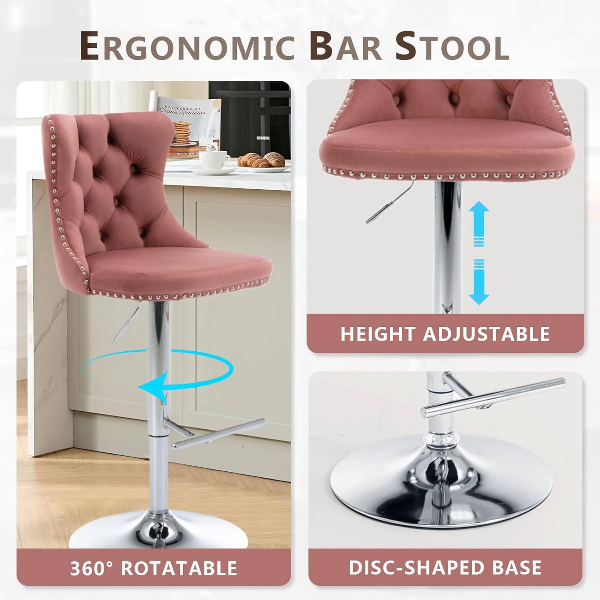 ERGONOMIC BAR STOOL

- HEIGHT ADJUSTABLE
- 360° ROTATABLE
- DISC-SHAPED BASE