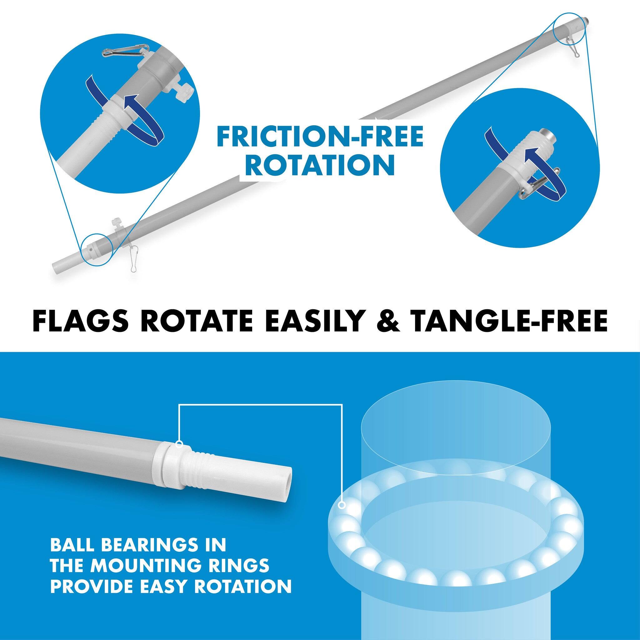 Friction-free rotation flags rotate easily & tangle-free. Ball bearings in the mounting rings provide easy rotation.