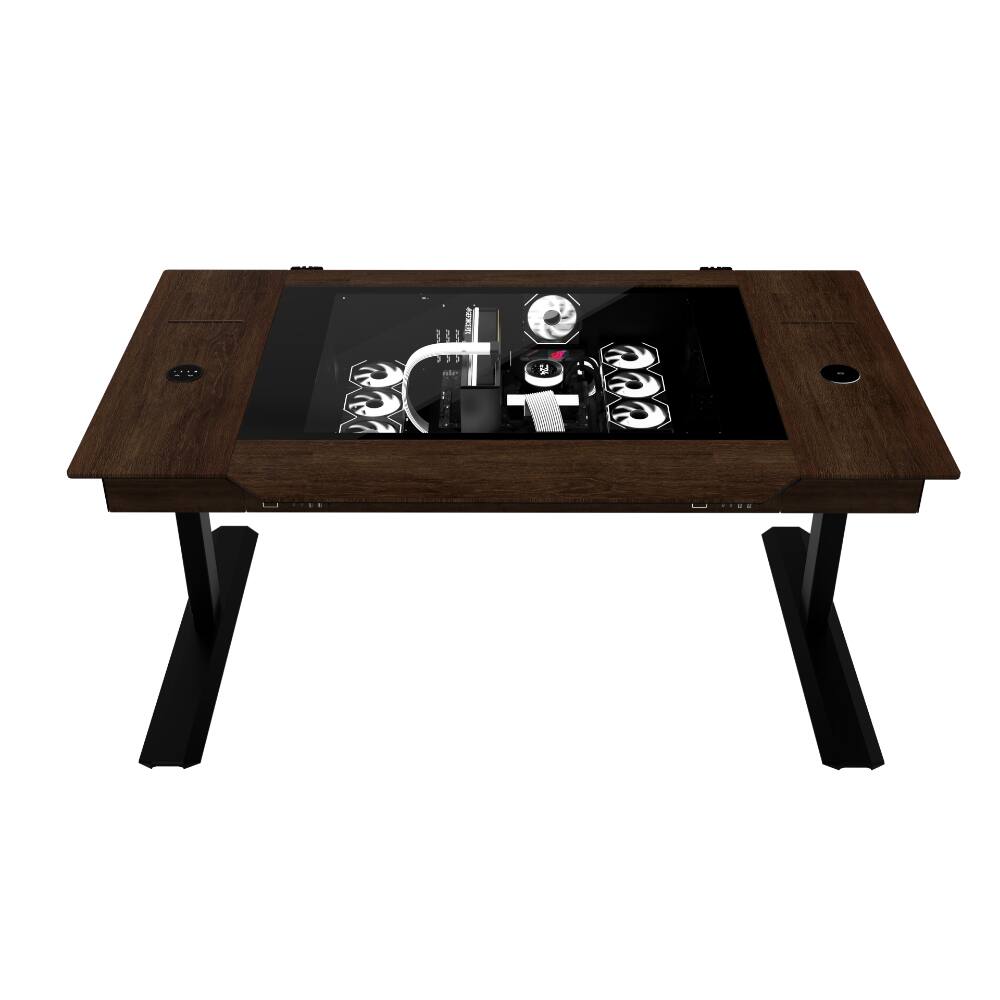 Left. Lian Li - DK-07 Wood Motorized Standing Desk | Dual E-ATX Ready, Real Wood Top, Built-in Wireless Charging, Height Adjustable - Black.